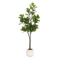 Kate and Laurel Fidmont Faux Fiddle Fig Tree with Claudel Scalloped Planter Pot, 6 FT, White, Potted Artificial Tree Indoor with Realistic Foliage and Added Moss, Fake Plant for Living Room Decor