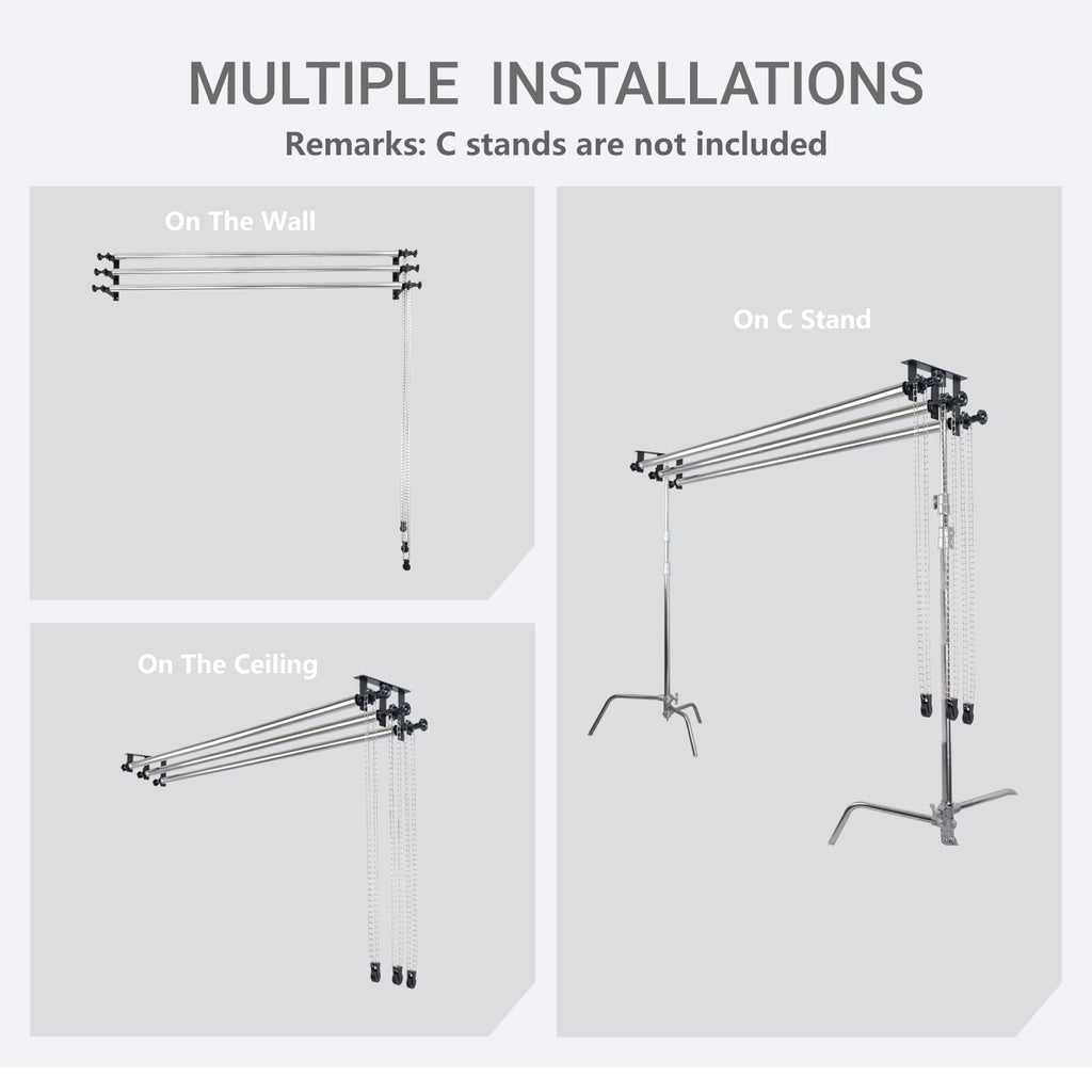 TENBEST Photography Backdrop Roller Support System, 3 Rollers with Metal Chains, 120-inch Stainless Steel Crossbars, Wall/Celing/Light Stand Backdrop Mount, Background Support