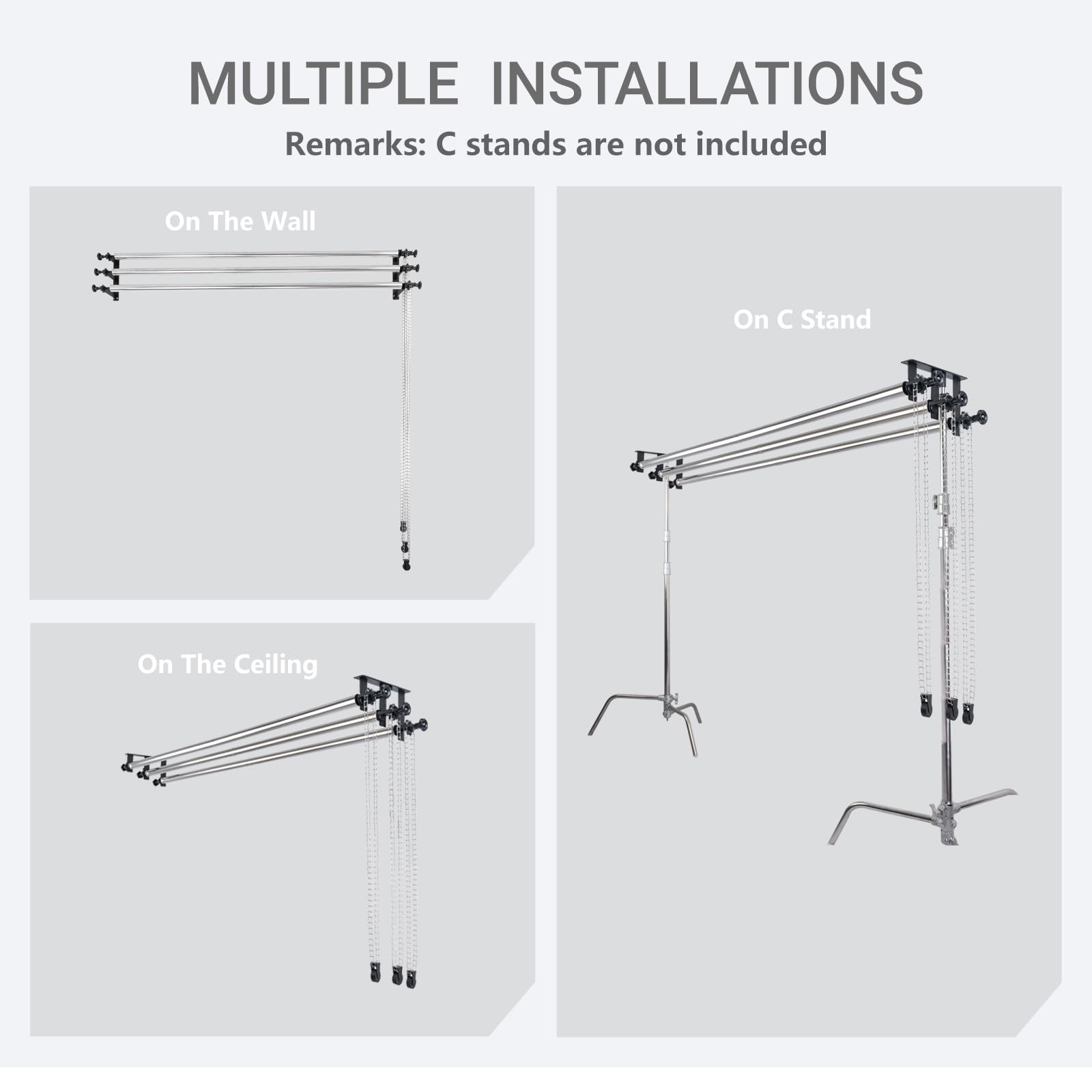 TENBEST Photography Backdrop Roller Support System, 3 Rollers with Metal Chains, 120-inch Stainless Steel Crossbars, Wall/Celing/Light Stand Backdrop Mount, Background Support