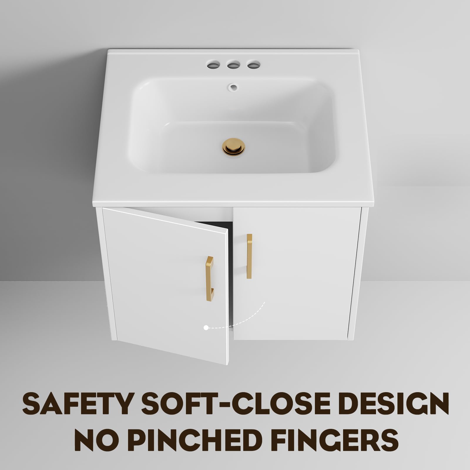 phiestina 24 Inch White Floating Bathroom Vanity, Pre-Assembled Wall-Mounted Cabinet with 2 Soft-Close Doors & 3 Hole Ceramic Sink, No Faucet,BV08-24-WHITE