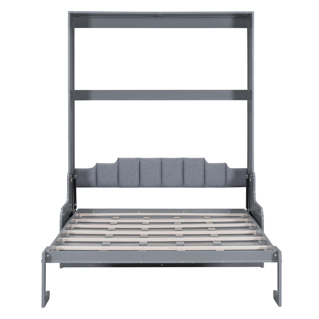 Merax Queen Size Murphy Bed Frame, Modern Wall Bed Can Be Folded into Cabinet, Chair with Cushion, Gray