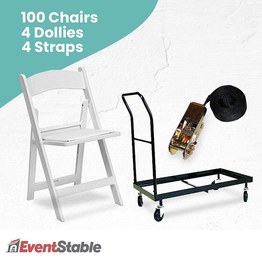 EventStable Titan Series 100 Resin Folding Chairs with 4 Dollies and 4 Straps Bundle - White Indoor/Outdoor Lightweight Folding Chair - Padded Folding Chair for Weddings Parties Events