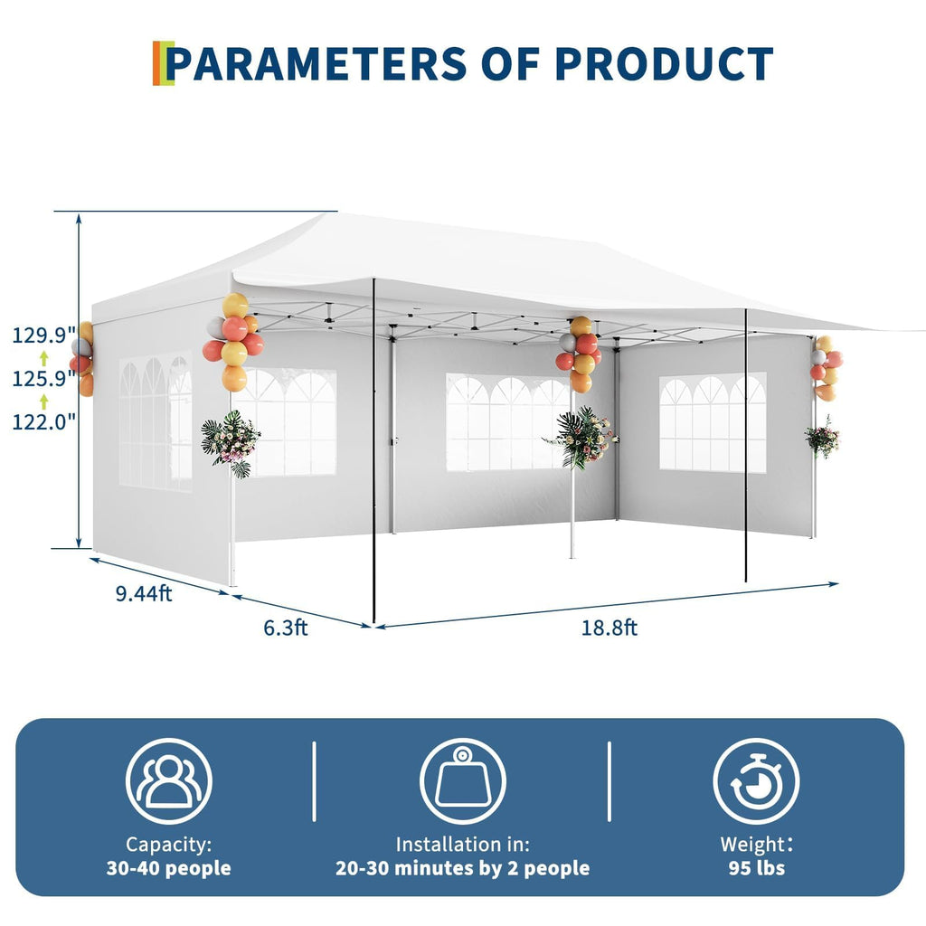 10X20Ft Pop Up Canopy Tent with 5 Removable Sidewalls & PE Windows, Wedding Party Tent Outdoor Waterproof UV50 Canopy Event Shelter Tents for Parties Car Port Vender Events, White
