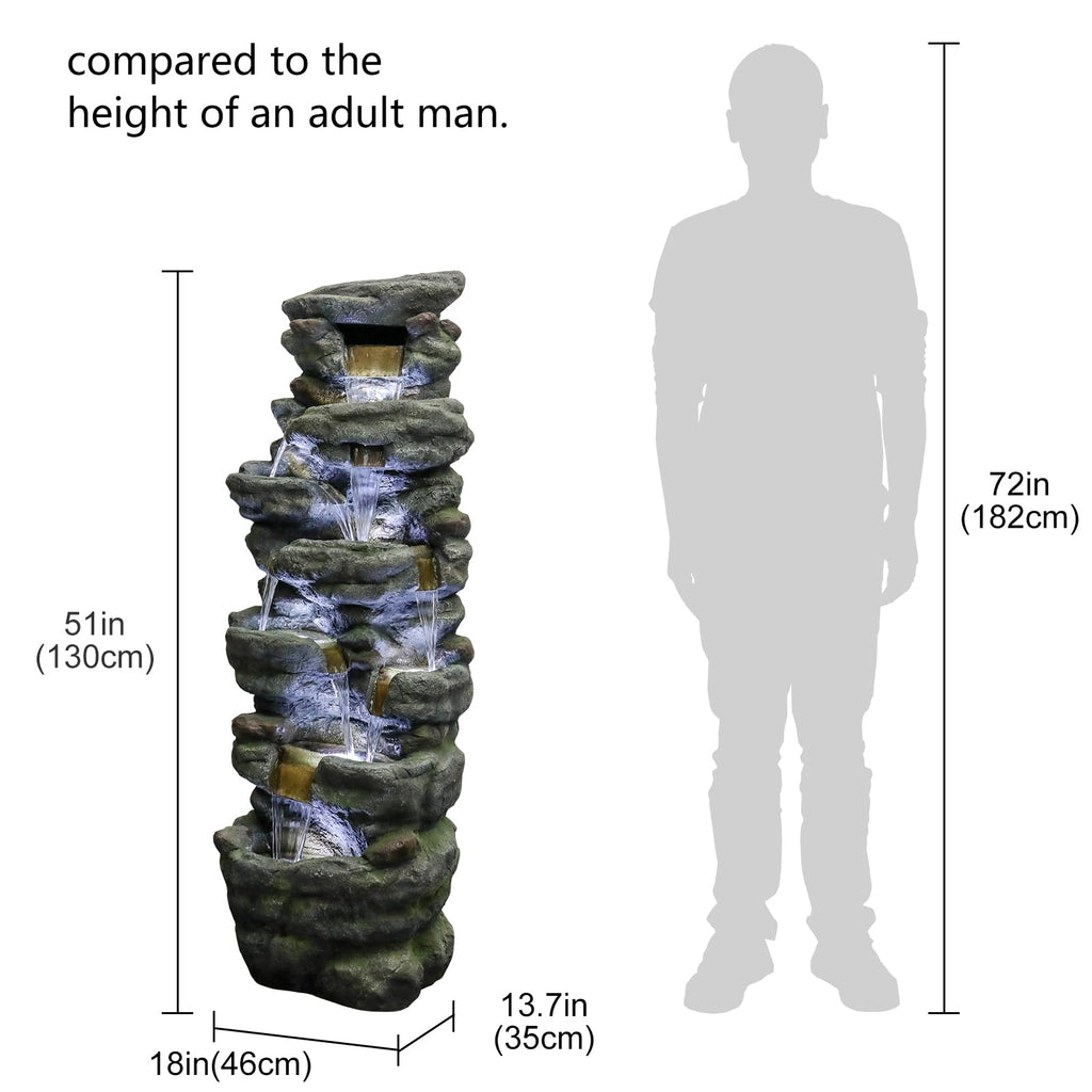 Naturefalls 51" Extra Large Outdoor Water Fountain - Waterfall Fountain with 7 LED Lights, 7-Tiers Cascading, Poly-Resin Indoor and Outdoor Fountain for Garden, Patio, Backyard, Lawn, Yard Decor