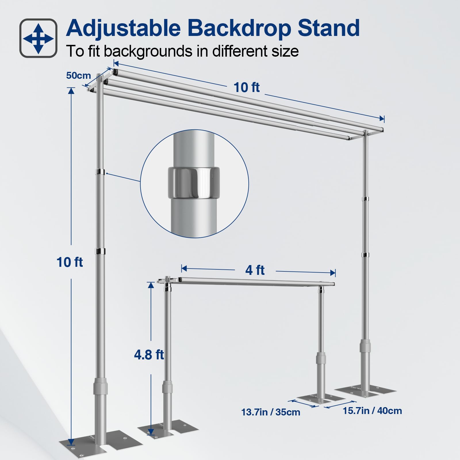 EMART Backdrop Stand Heavy Duty 10x10Ft,Three Crossbar Pipe and Drape Photo Background Support Kit, Adjustable Metal Frame with Flat Base for Wedding Birthday Party Decorations