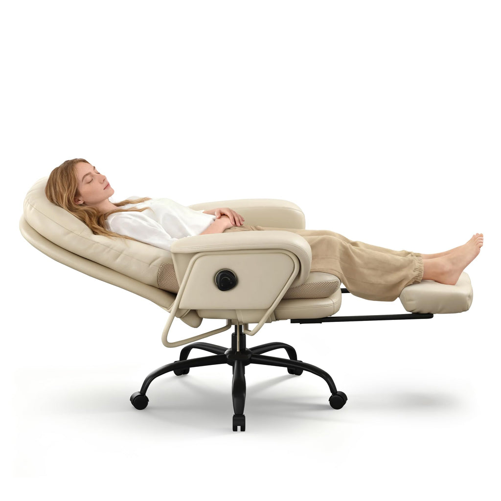 FLEXISPOT Ergonomic Office Chair with Footrest High Back Computer Desk Chairs Indoor Lounge Chair with Wheels 90-165° Reclining Lumbar Support, Chairs for Working Relaxing Cross Legged, Leather, White