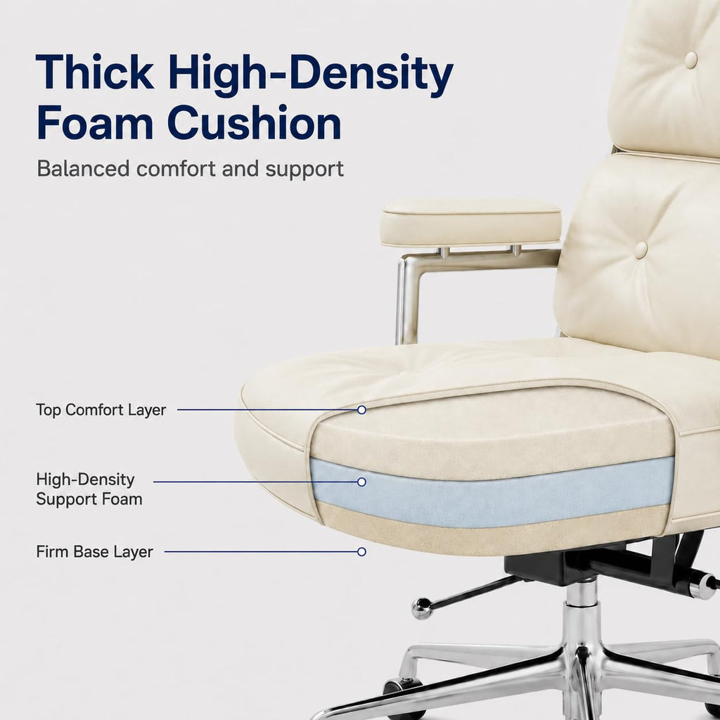 OTDMEL Home Office Chair with Top Grain Leather, Padded Armrests, Mid-Back Upholstered Executive Leather Desk Chair, Aluminum Frame, Adjustable Height, 360 Swivel, Rolling Wheels, 350lbs Capacity