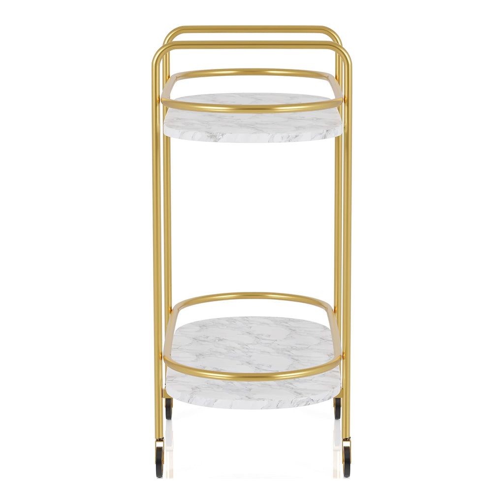 HOMES: Inside + Out Wuest Modern 2 Tier Metal 33 in. Mobile Serving Cart with Casters for Dining Room, Home Bar, Gold Coating and White