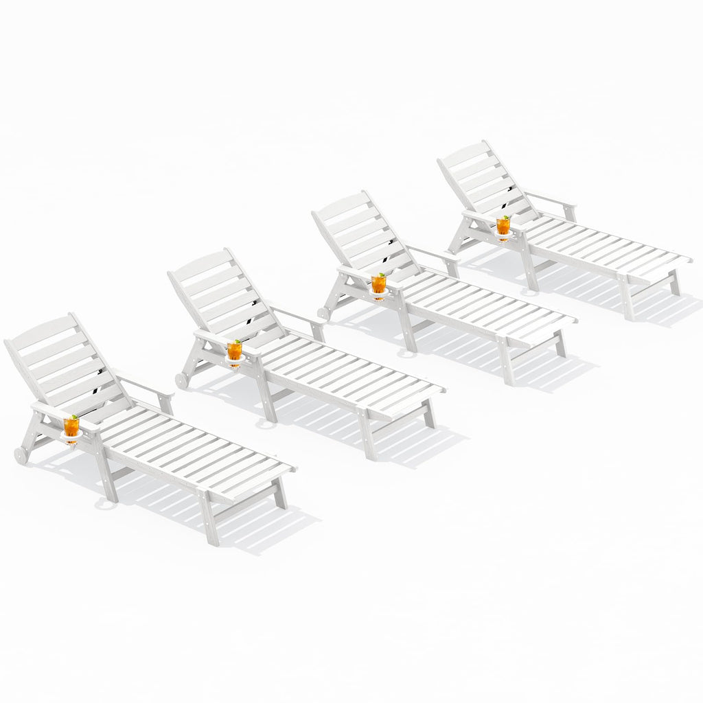 SERWALL Patio Chaise Lounge Chair Set of 4, 5 Positions Adjustable Poly Outdoor Lounger for Pool, HDPE Lounge Chair with Rolling Wheels & Cup Holder for Poolside, Deck, White