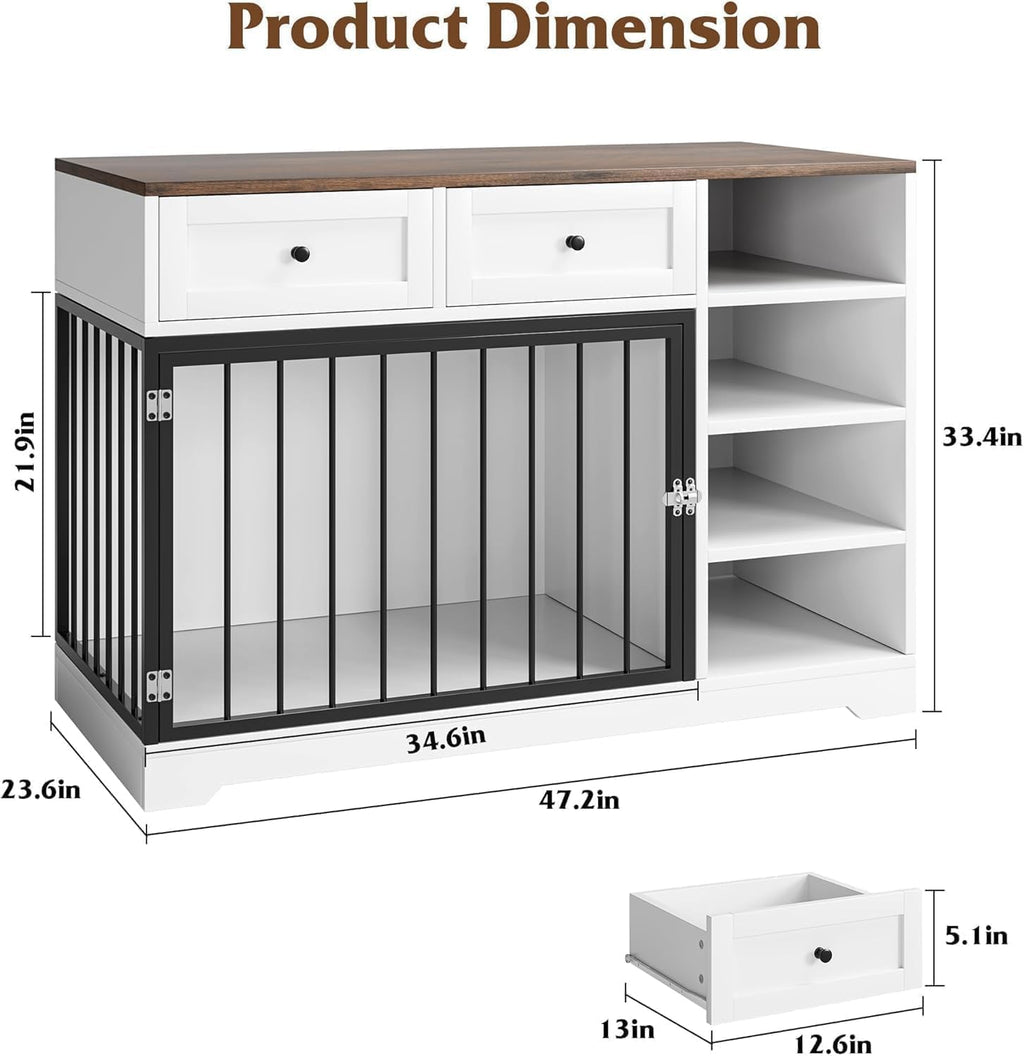 Garvee 47 in Dog Crate Furniture with 2 Storage Drawers, 4 Deep Shelves, Farmhouse Extra Large Wooden Dogs Cage End Table, Multi-Functional Indoor Dog Kennel for Large Medium Dogs
