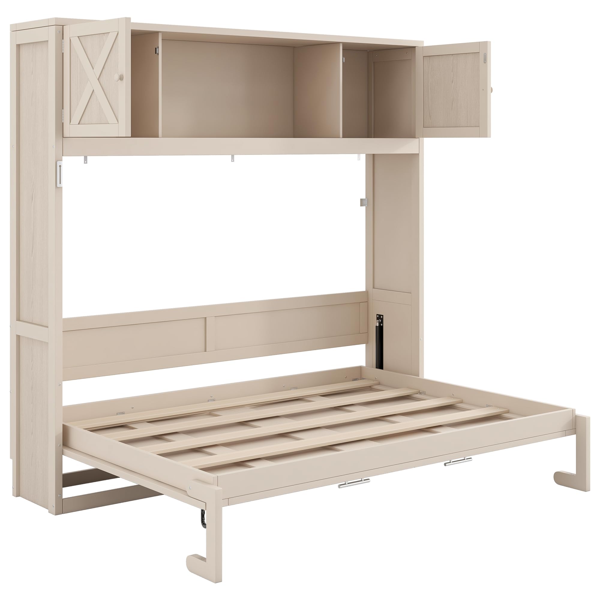 Ball & Cast Full Size Murphy Bed with Storage Cabinet,Wood Hideaway Beds,Folded Wall Bedframe for Bedroom,Guestroom,Space Saving,White