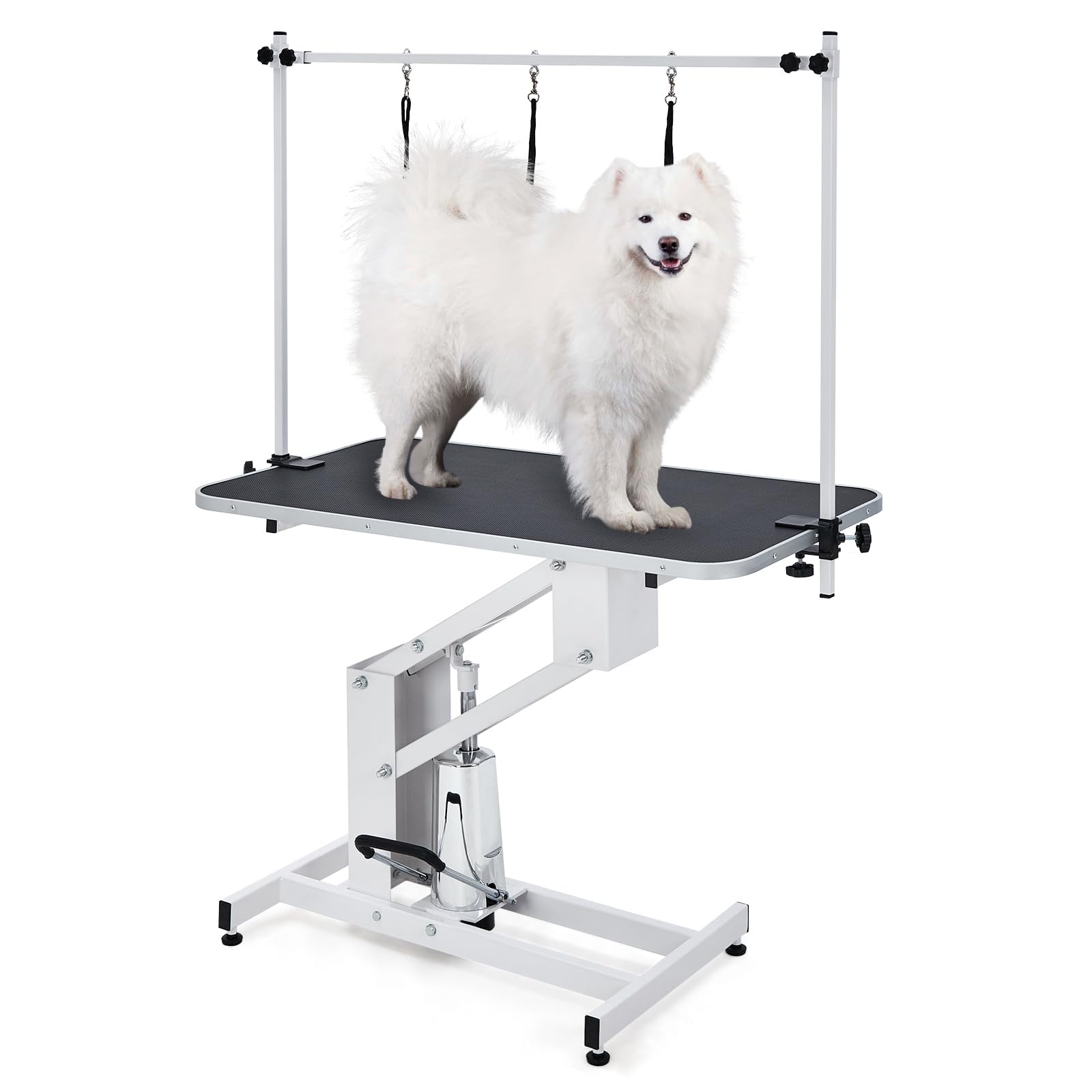 GarveeHome 43.6 in Pet Grooming Table for Large Dogs, Heavy Duty Height Adjustable Dog Grooming Table With Overhead Arm & Noose Height Range 22 in -39 in, Maximum Capacity Up to 350 LBS, White