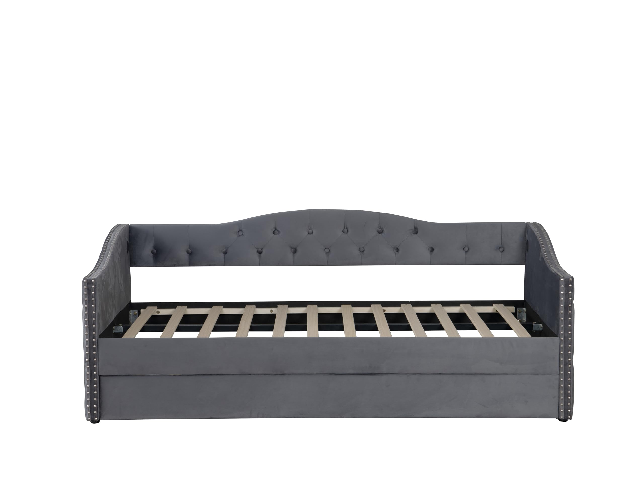 GDFStudio Twin Size Bed Frame with Trundle, Upholstered Twin Daybed with USB Charging Station, Diamond Tufted Velvet Sofa Bed, Wood Platform Twin Bed Frame with Solid Slat, No Box Spring Needed, Gray