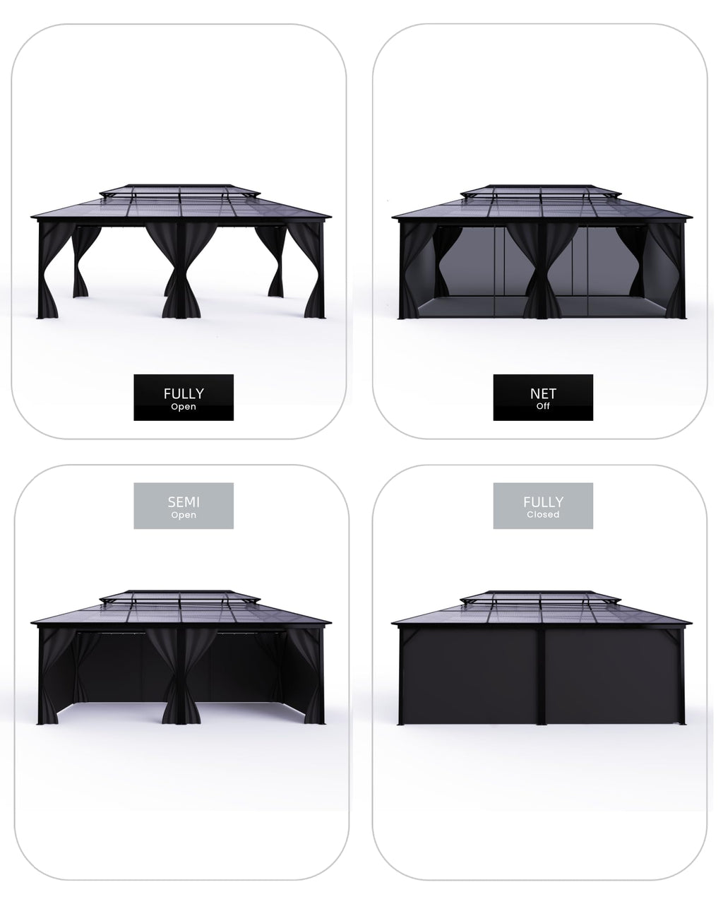 12'x20' Hardtop Gazebo, Permanent Outdoor Pavilion Gazebo with Double Polycarbonate Roof, UV Protection, Aluminum Alloy Frame, Netting & Curtains Included for Patio/Backyard/Lawn/Garden, Gray