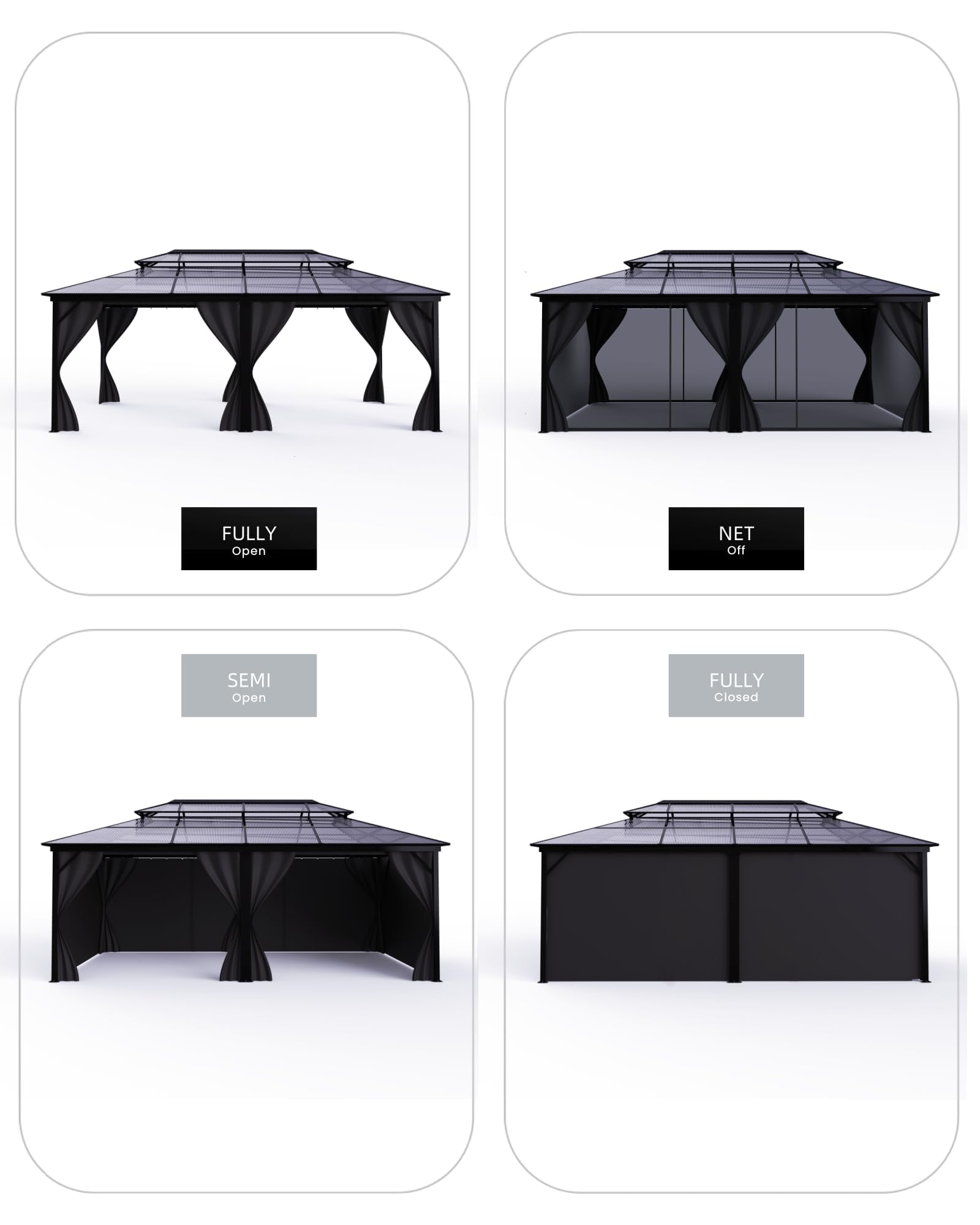 12'x20' Hardtop Gazebo, Permanent Outdoor Pavilion Gazebo with Double Polycarbonate Roof, UV Protection, Aluminum Alloy Frame, Netting & Curtains Included for Patio/Backyard/Lawn/Garden, Gray