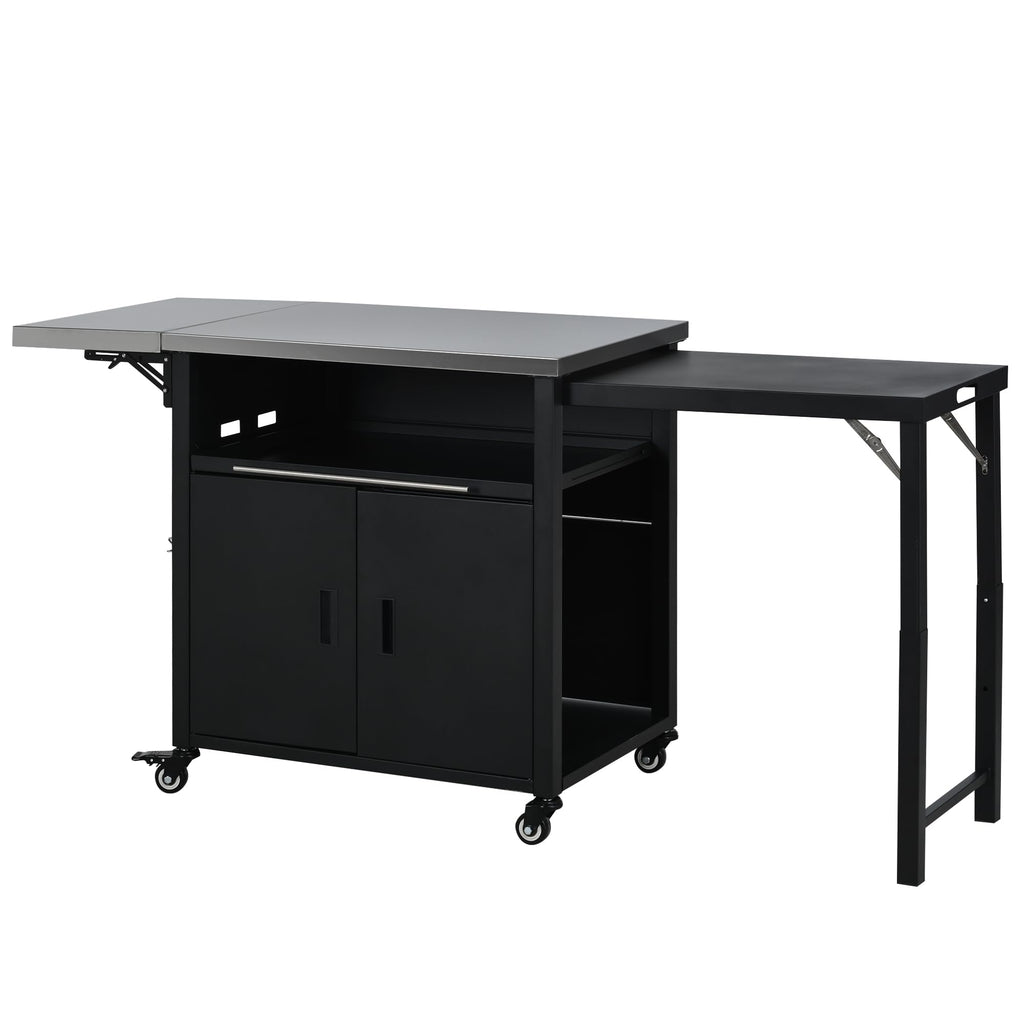 Outdoor Folding Kitchen Cart with Dual Stainless Steel Tops, Rolling Grill Prep Table with Cabinet Drawer and Trash Rack, Portable BBQ Serving Cart with Lockable Wheels for Patio Backyard, Black