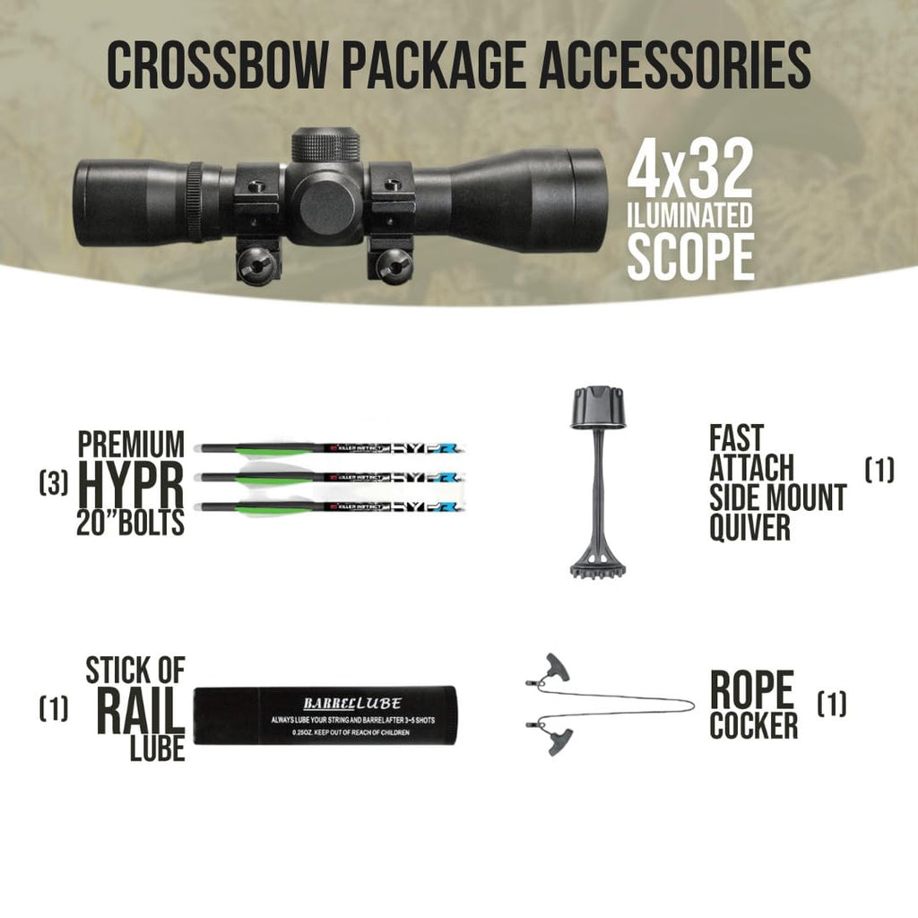Killer Instinct Burner 415 FPS Crossbow Package (Gray Camo) with Crossbows Slayer Crossbow Case, 20-Inch Crossbow Bolts (6-Pack) and 100-Grain Hunting Broadheads (3-Pack) Bundle (4 Items)