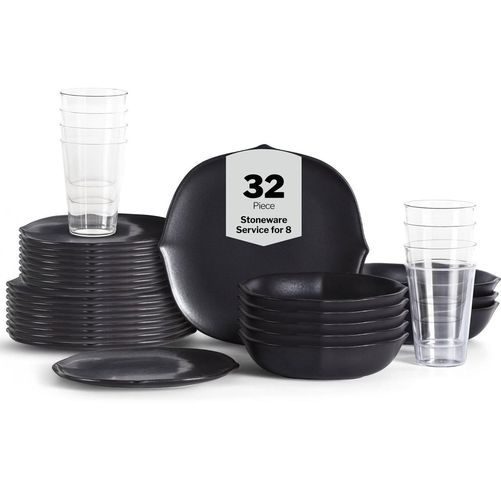 Stone Lain Baskerville 32-Piece Dinnerware Set Stoneware, Borosilicate Glass, Black