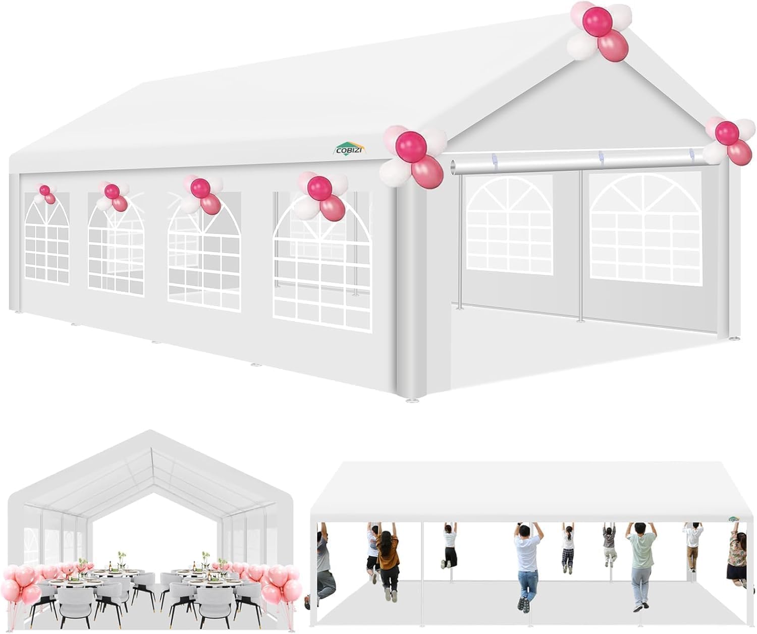 COBIZI 13x26 Outdoor Party Tent Heavy Duty Waterproof Canopy Shelter with 8 Sidewalls & 10 Church Windows, White Powder Coating, Built-in Sandbag Commercial Event Tents for Parties BBQ Patio Wedding