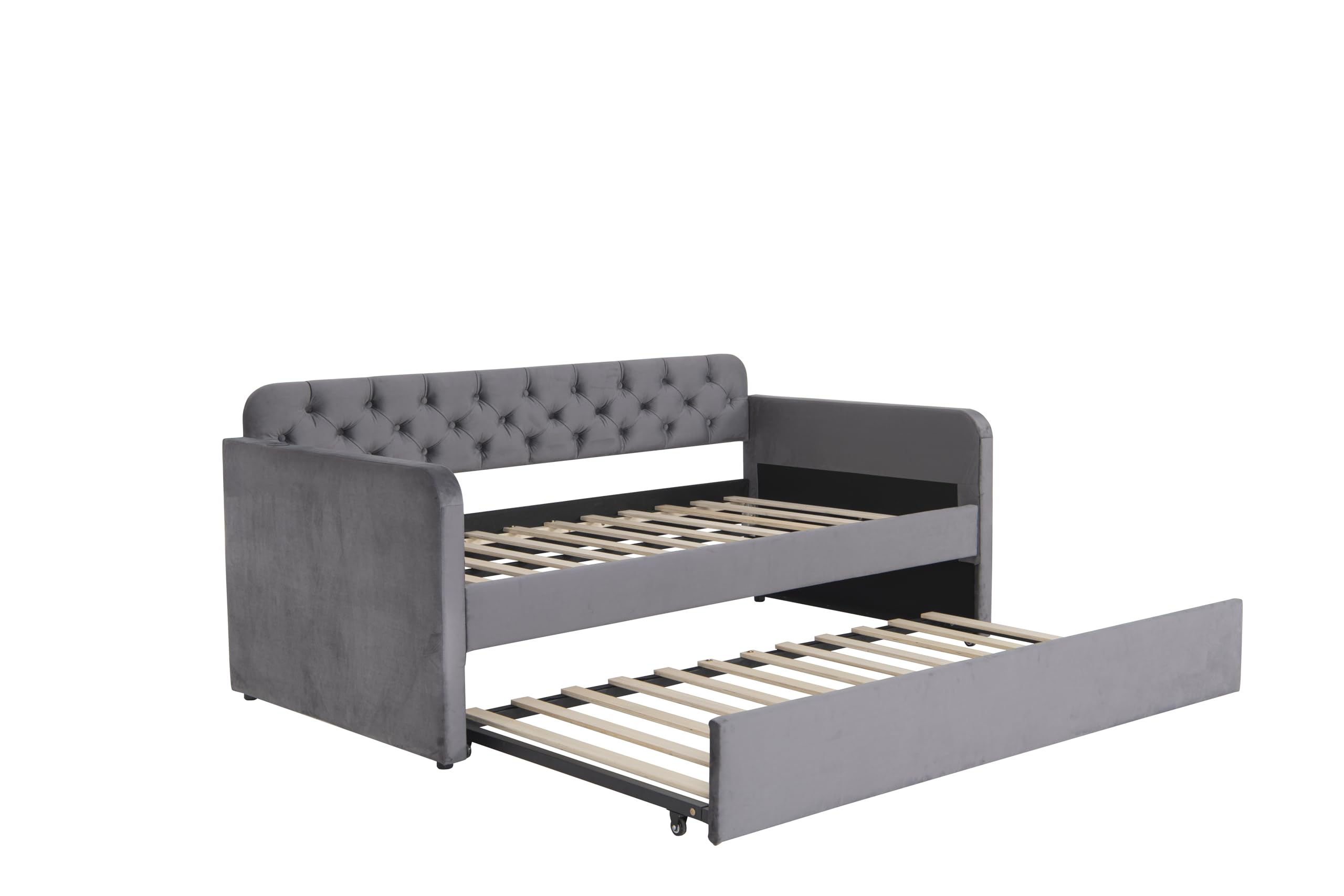 Acosure Twin Size Velvet Upholstered Daybed with Trundle and USB Charging Design,Bed Frame W/Fabric-Tufted Linen Backrest,for Bedroom,Guest Room,Apartment,Dark Grey