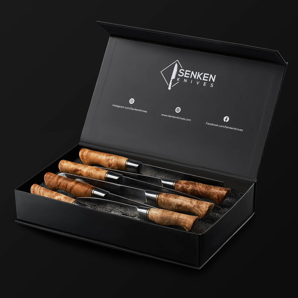 SENKEN 7-Piece Damascus Kitchen Knife Set - Dynasty Collection - 67-Layer Japanese VG10 Steel with Sycamore Wood Handles, Chef's Knife, Cleaver, Bread, Santoku, Boning, & More