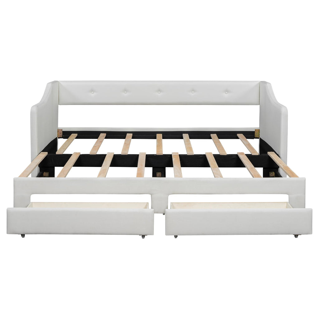 Twin XL to King Size Upholstered Daybed with Linen Fabric, 2 Storage Drawers, Extendable Platform Bed with Foam-Padded Back and Armrests, Sturdy Pine and MDF Frame, Sofa Bed for Users, Beige