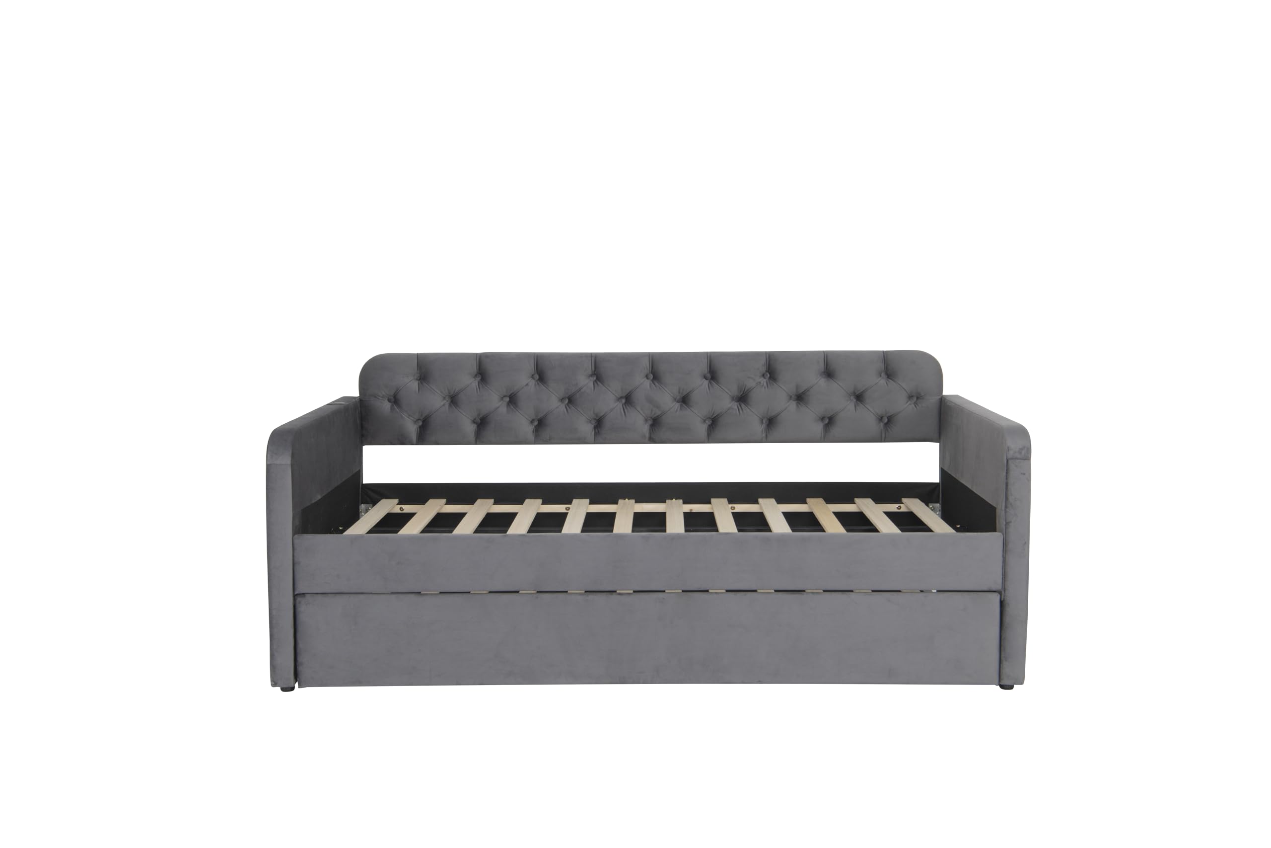 Acosure Twin Size Velvet Upholstered Daybed with Trundle and USB Charging Design,Bed Frame W/Fabric-Tufted Linen Backrest,for Bedroom,Guest Room,Apartment,Dark Grey