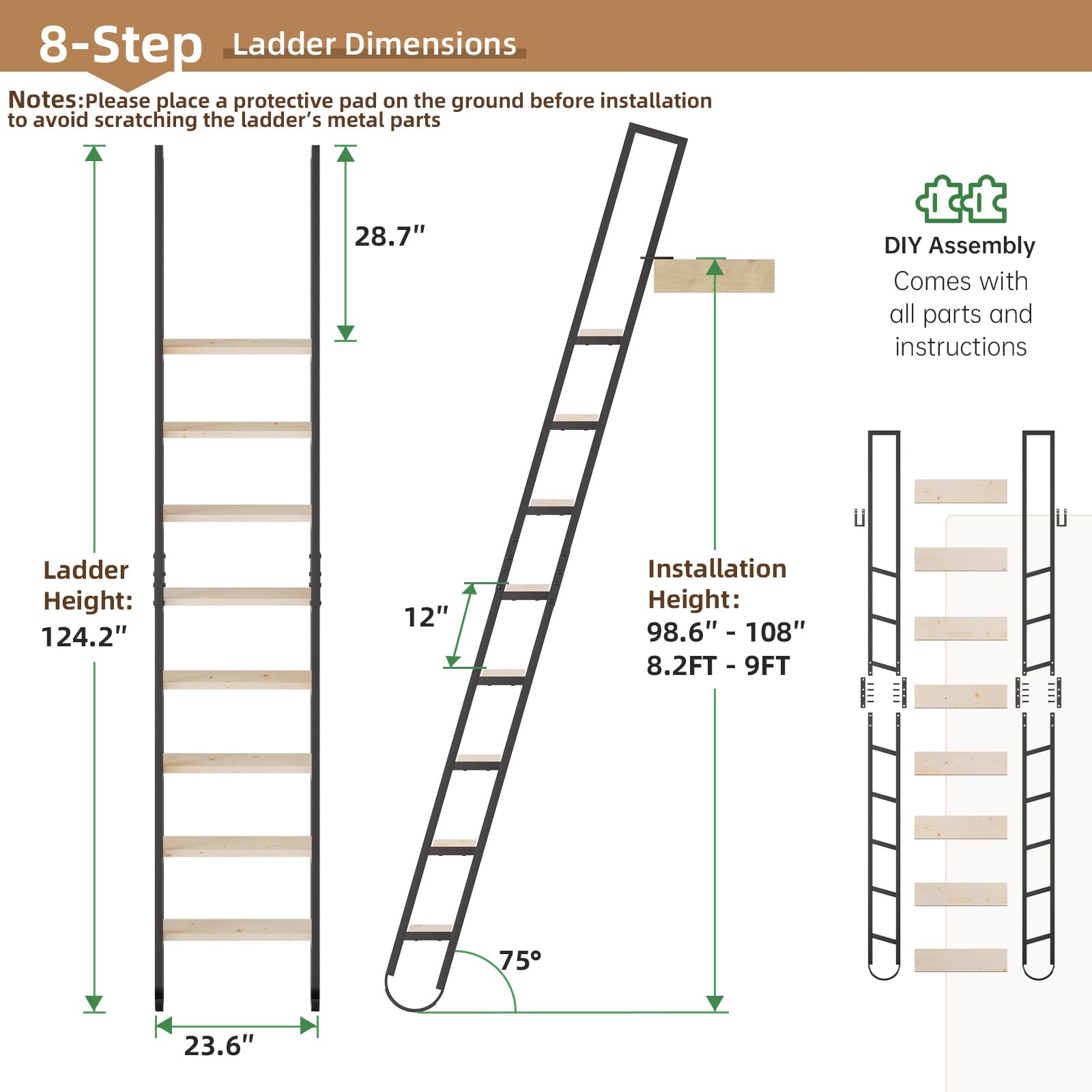 10.35FT Industrial Style Loft Ladder, 8 Steps with Black Steel Handrails & Solid Wood Steps, 450lbs Capacity, Fits 8.2-9FT Installation Height,for Attic, Kitchen, Warehouse, Bookshelf& Outdoor