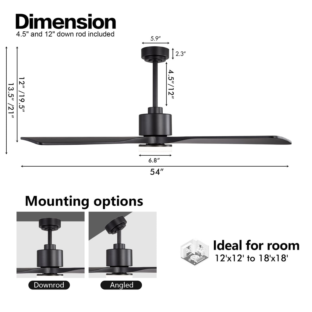 WINGBO 54 Inch DC Ceiling Fan with Lights and Remote Control, 4 Carved Solid Wood Blades, 6-Speed Noiseless Reversible DC Motor, Modern Ceiling Fan in Matte Black Finish with Black Blades