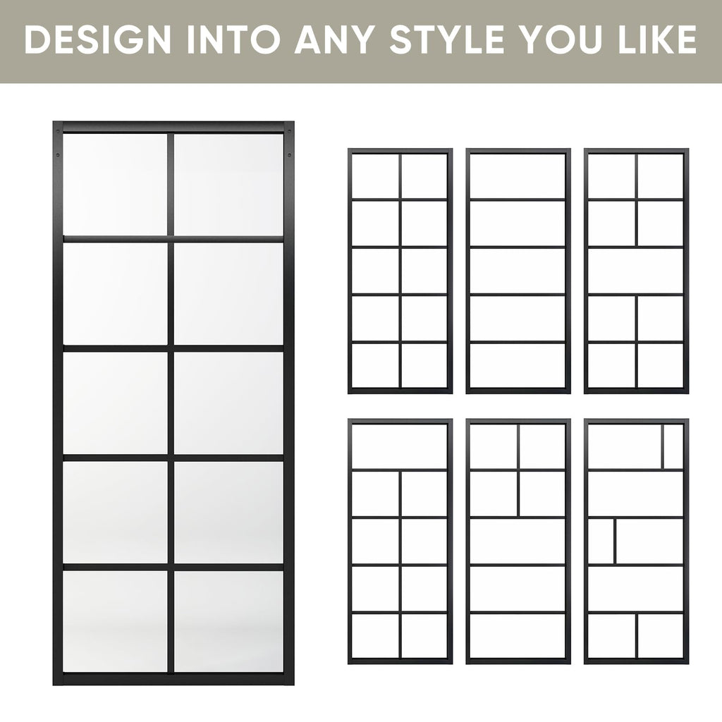 Jubest DIY Glass Sliding Closet Kitchen Door, 36in x 84in Modern French 5-Lite Clear Tempered Glass Aluminum Frame, Easy Assembly