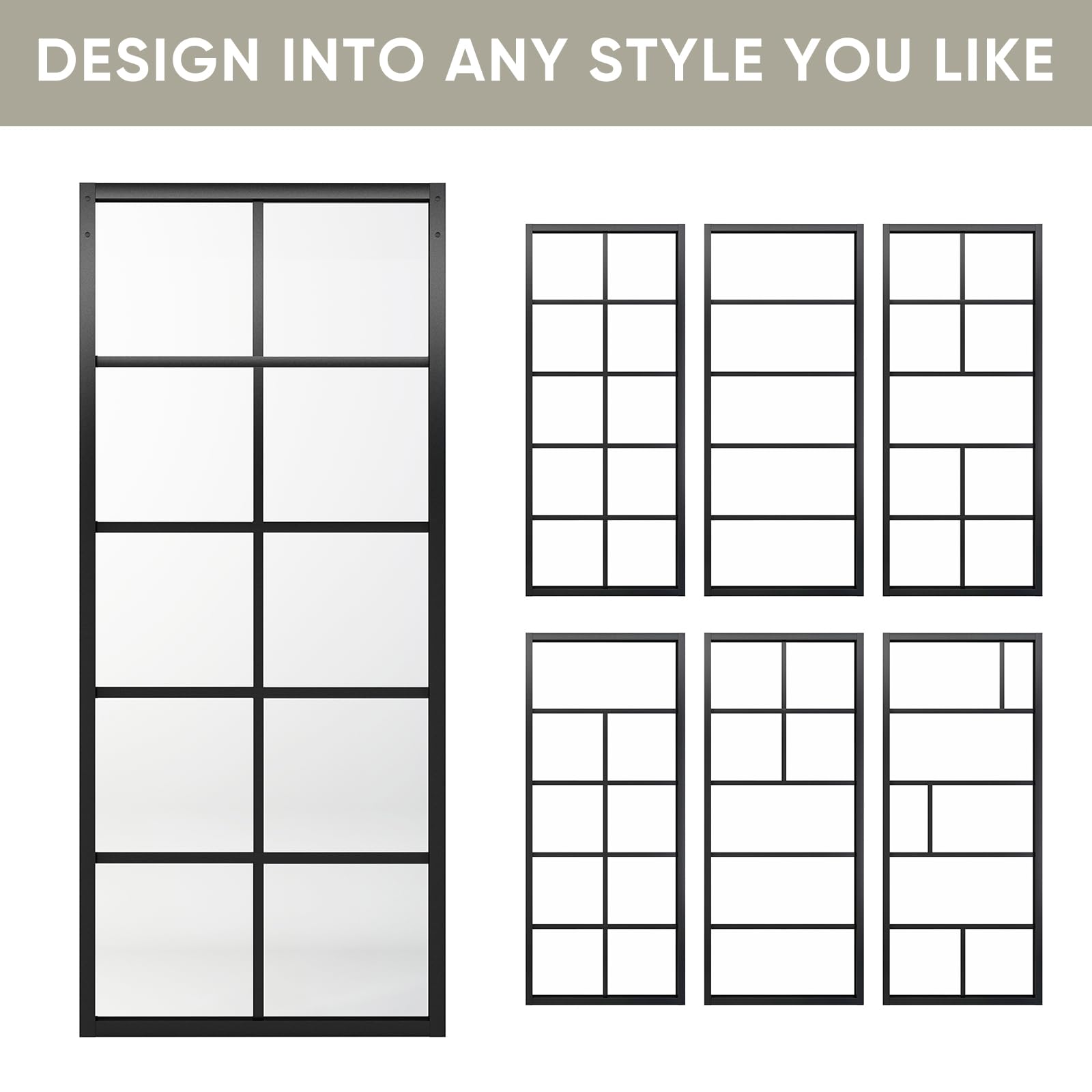 Jubest DIY Glass Sliding Closet Kitchen Door, 36in x 84in Modern French 5-Lite Clear Tempered Glass Aluminum Frame, Easy Assembly