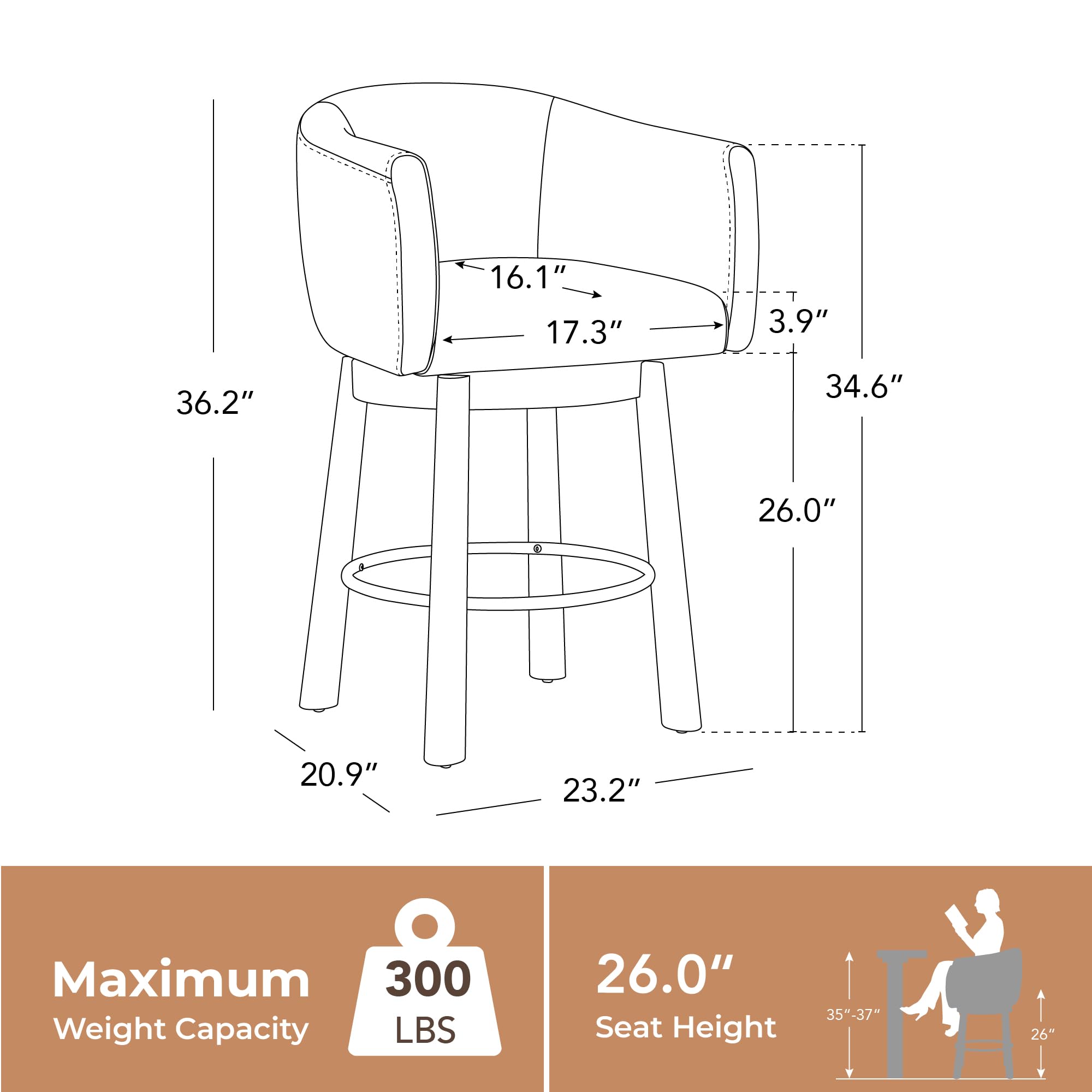 CHITA Genuine Leather Swivel Bar Stool, Modern Counter Height Bar Stools with Arms, Solid Wood Turned Legs, Upholstered Barstools for Kitchen Island, 26" Seat Height