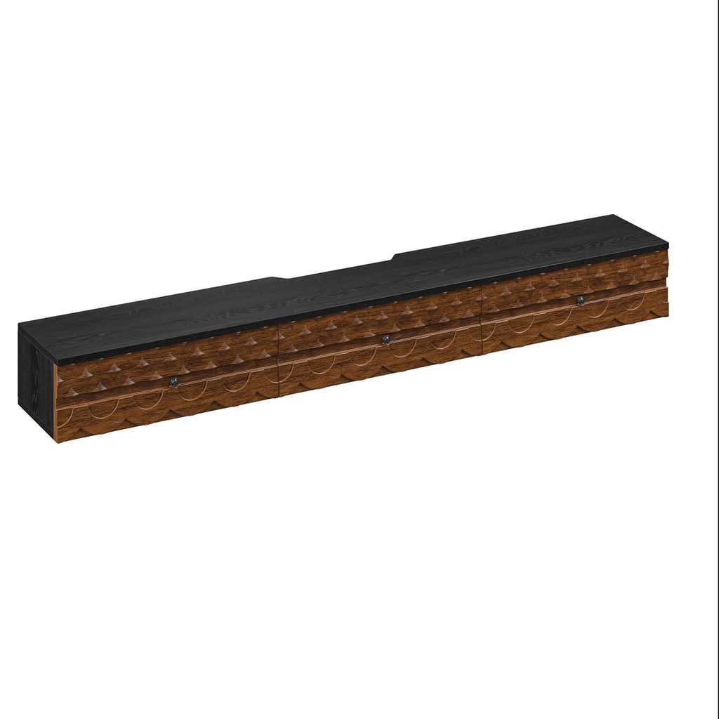 FurniNova 70'' Floating TV Stand Wall Mounted, Fully Assembled Media Console with 2 Drawers and 1 Door, Wall Mounted TV Cabinet,Carved Wood Design,Natural Wood Finish
