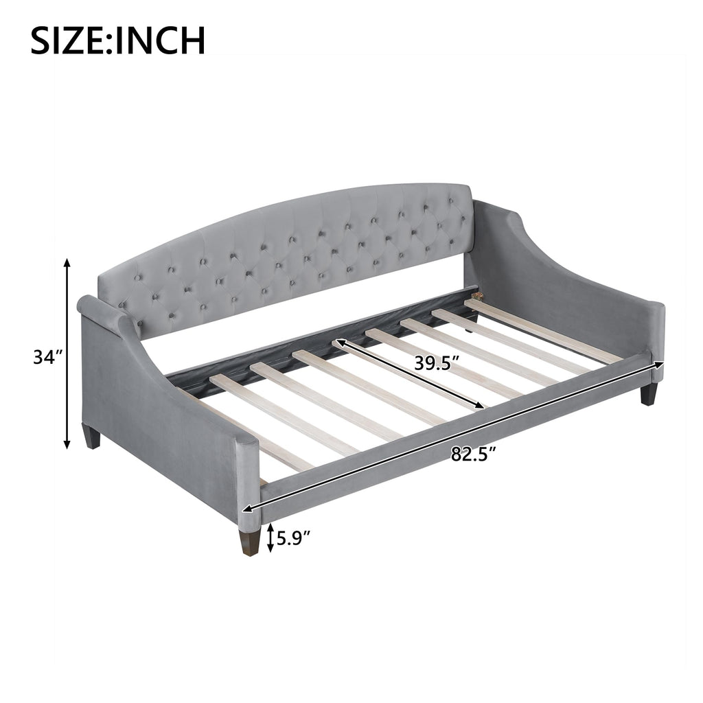 Ball & Cast Twin Size Daybed,Velvet Upholstered Day Bed Frame with Button Tufted Backrest,Modern Sofa Bed for Living Room, Bedroom,Guest Room,No Box Spring Needed,Gray