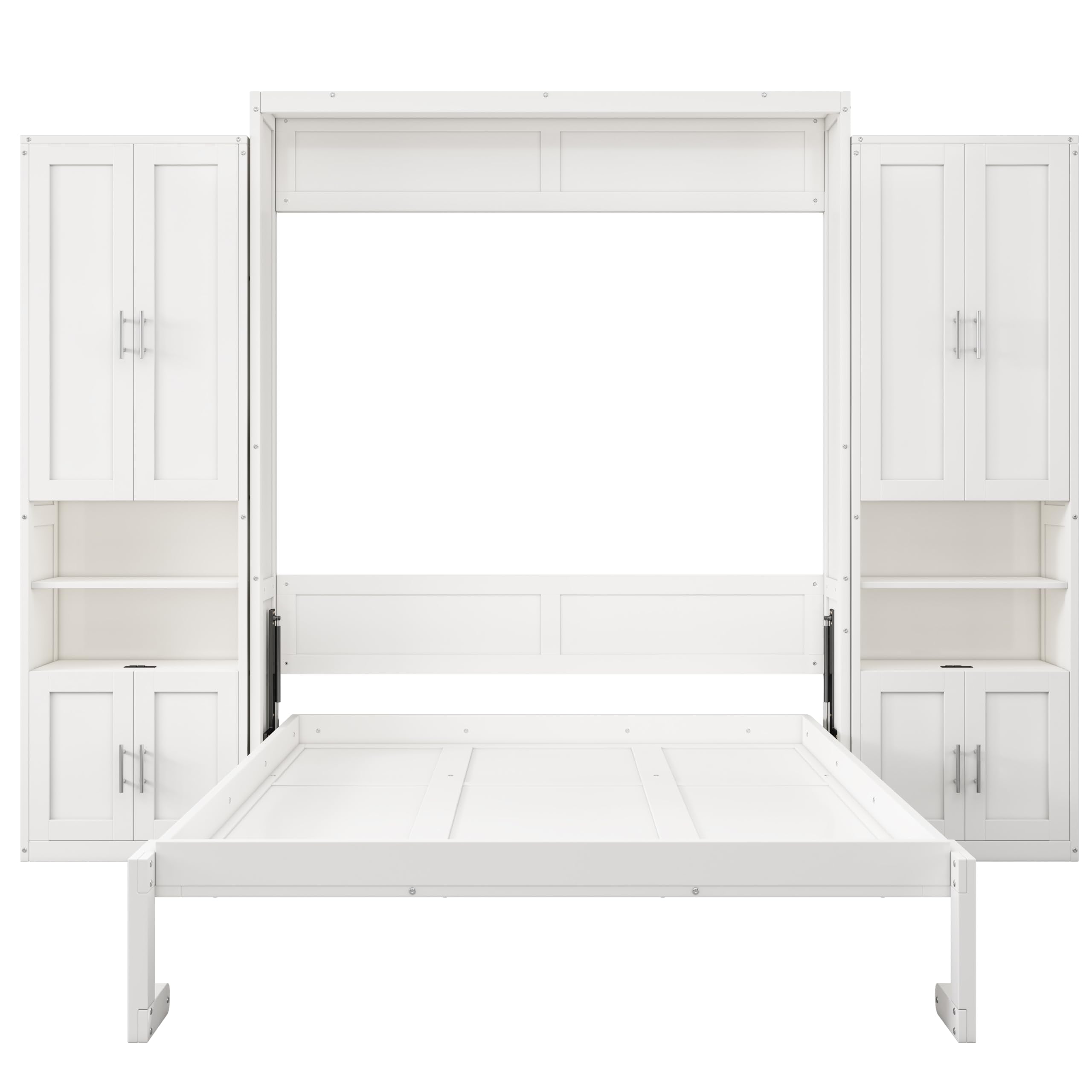 DNYN Queen Size Murphy Bed with Desk & Two Slide Storage Shelf for Small Space,Bedroom,Guest Room,Wooden Wall Bedframe w/Folding into Cabinet Design,Super Save Space & No Box Spring Needed, White