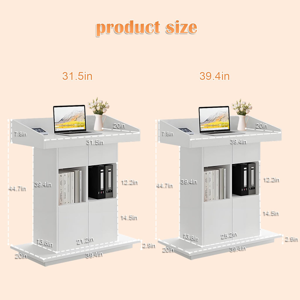 Wooden Podium Stand, Lecterns & Podiums with Storage Shelves and Drawer, Pulpits for Churches Classrooms and Conferences, Easy to Clean and Install (White, 39.4in)