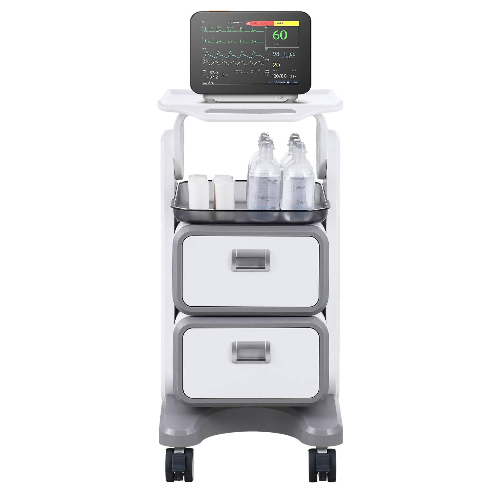 VEVOR 3 Tiers Lab Carts, Lab Utility Cart with 2 Drawers & 1 Top Tray, Mobile Medical Cart with ABS Material, Lab Rolling Cart with 4 Silent Wheels for Lab, Clinic, Hospital, Salon, White