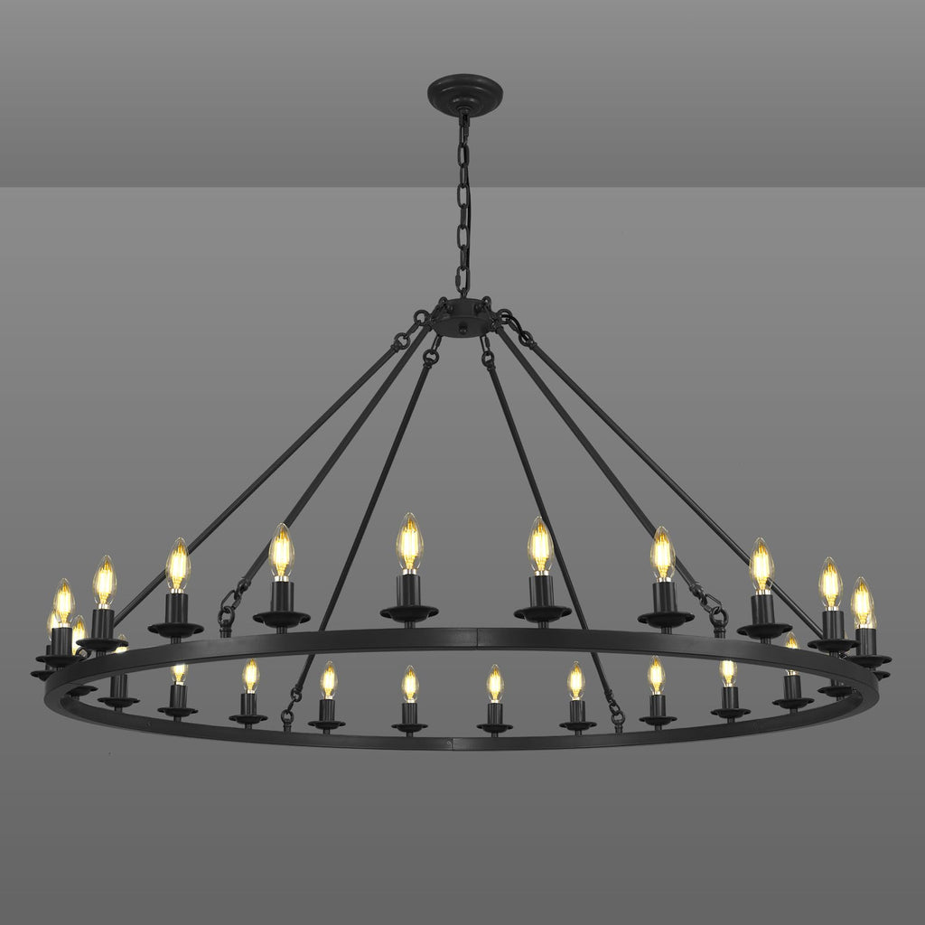 RWOGNLO 54" Black Large Wagon Wheel Chandelier, Farmhouse Round Chandeliers for Dining Room, 24-Light Modern Living Room Chandeliers Ceiling Fixtures for Bedroom, Foyer, Entryway, Staircase, Kitchen