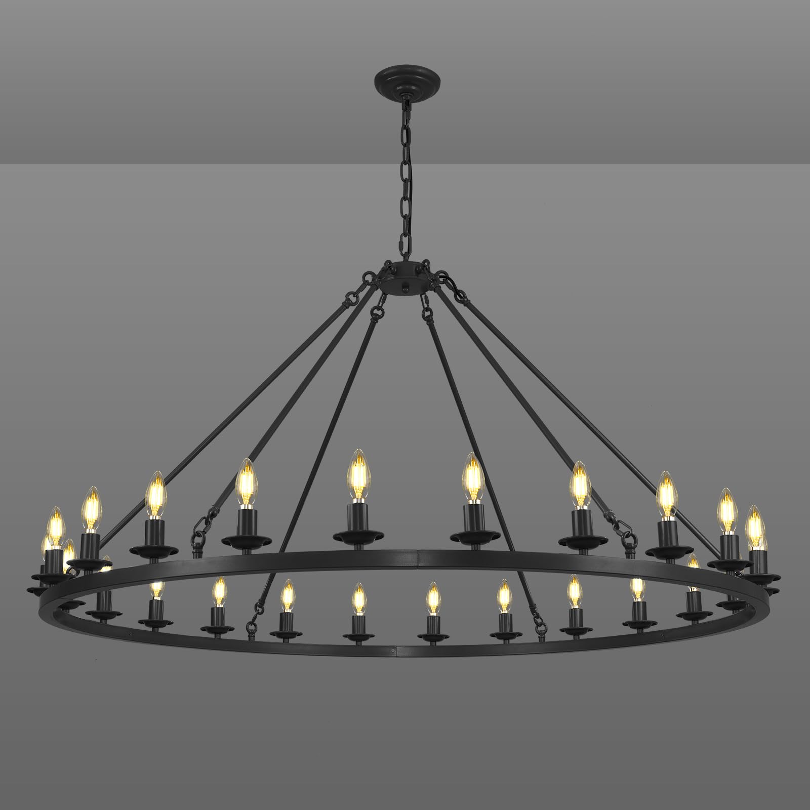 RWOGNLO 54" Black Large Wagon Wheel Chandelier, Farmhouse Round Chandeliers for Dining Room, 24-Light Modern Living Room Chandeliers Ceiling Fixtures for Bedroom, Foyer, Entryway, Staircase, Kitchen