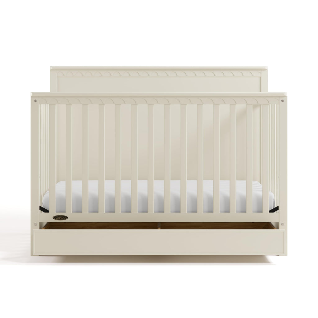Graco Sasha 5-in-1 Convertible Crib with Drawer – GREENGUARD Gold Certified Wood Crib, Converts to Toddler Bed, Daybed, Full-Size Bed, Stylish Classic Design (Frosted Oat)