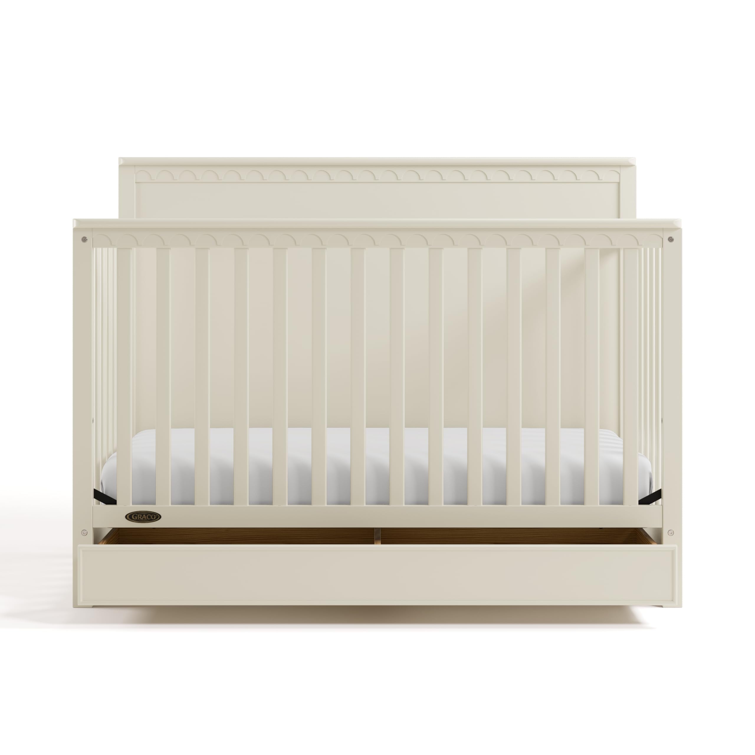 Graco Sasha 5-in-1 Convertible Crib with Drawer – GREENGUARD Gold Certified Wood Crib, Converts to Toddler Bed, Daybed, Full-Size Bed, Stylish Classic Design (Frosted Oat)