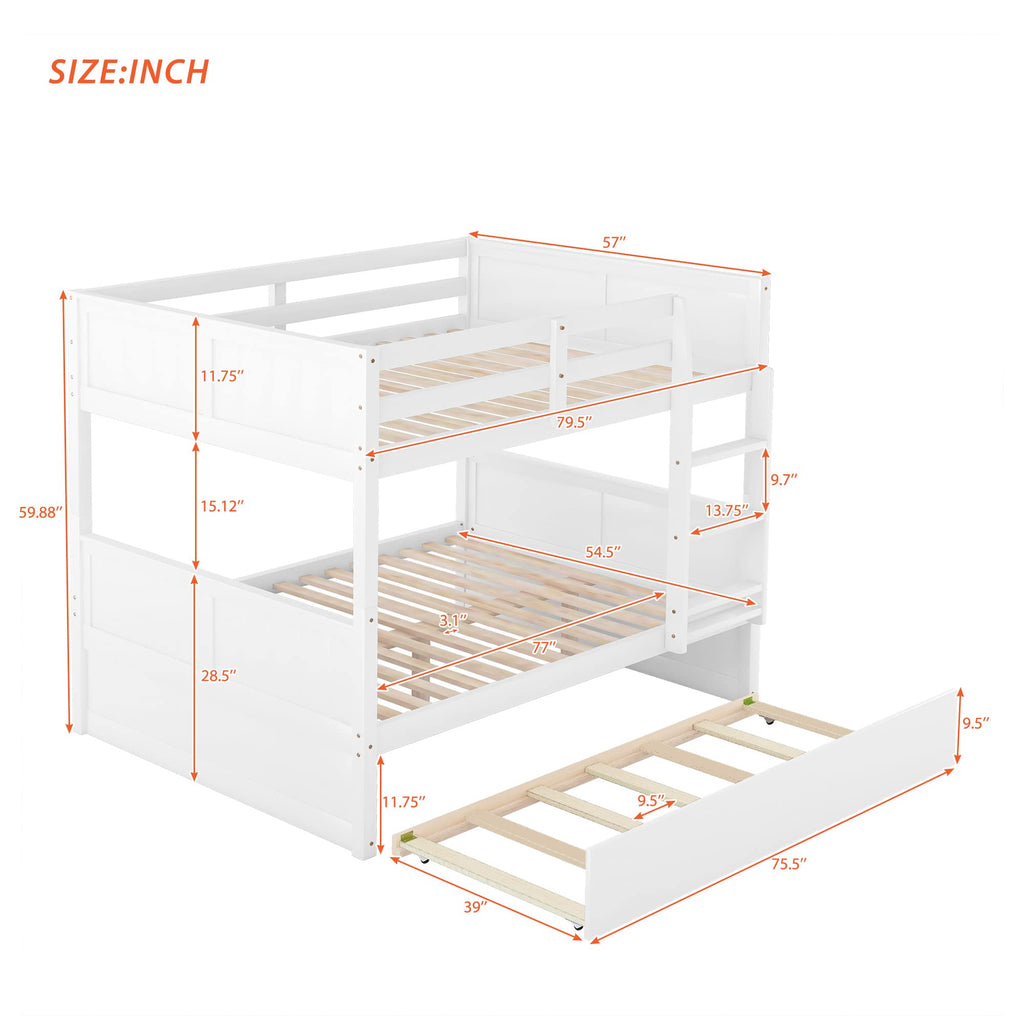Full Over Full Bunk Bed with Trundle, Wooden Trundle Bed Frame with Ladder Safety Guardrail, Convertible to 2 Platform Beds for Kids Teens, White