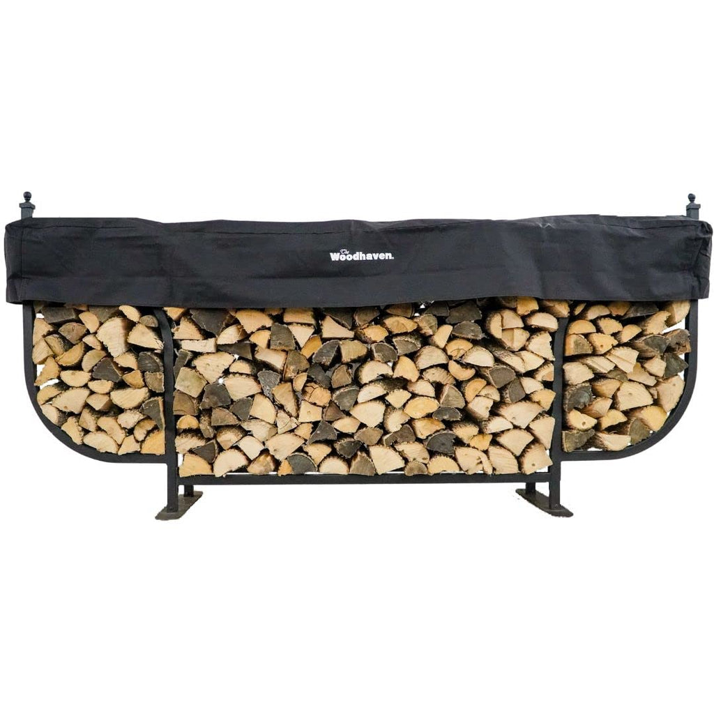 Woodhaven 9ft Courtyard Firewood Rack - Luxury Outdoor Log Holder With Cover - Made In USA - Black UV Stable Powder Coat Finish