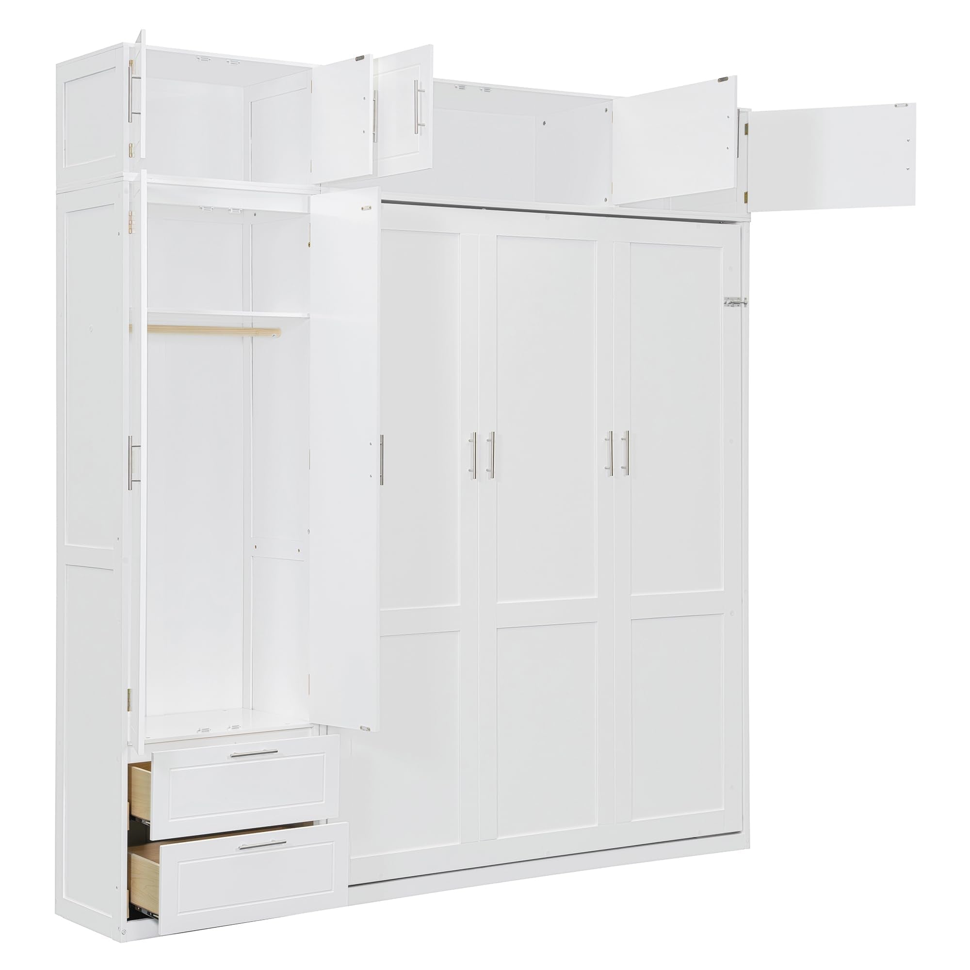 DNYN Murphy Bed Frame with Top Cabinets and Wardrobe for Bedroom/Guest Room/Home Office, Queen Size Foldable Wall Bed with Storage Drawers and Shelves, No Box Spring Needed