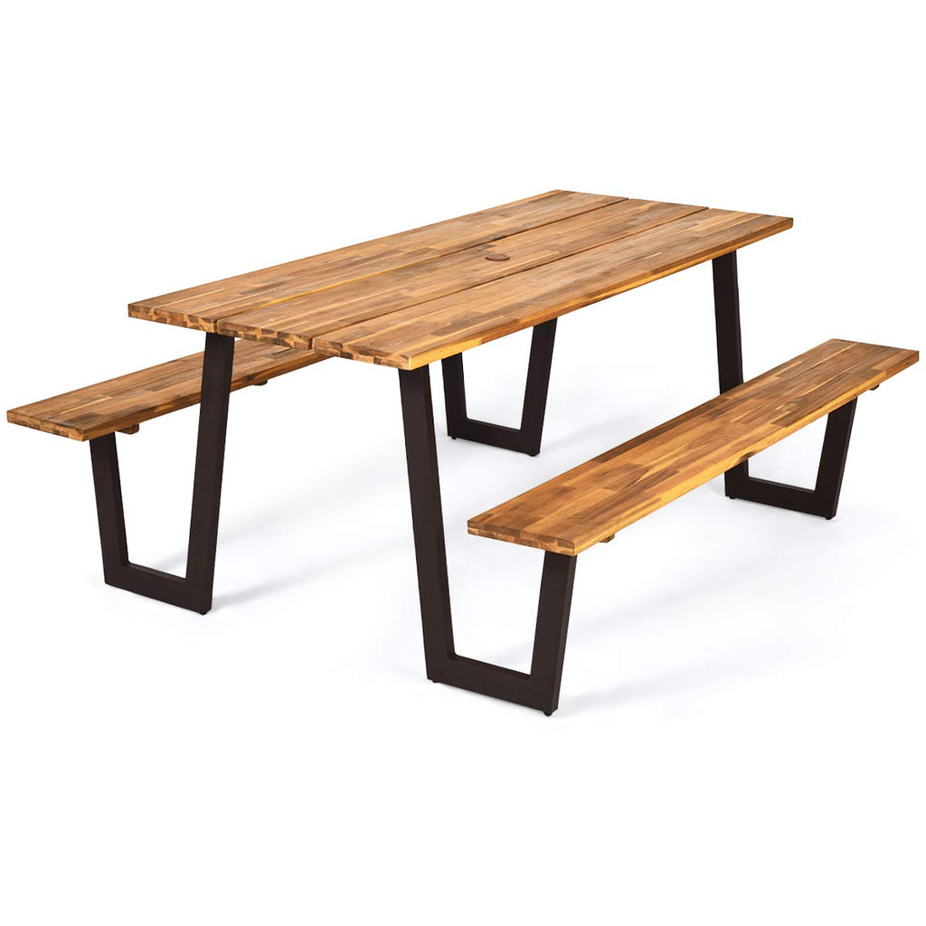 Giantex Picnic Table Bench Set with Umbrella Hole, Outdoor Dining Table Set, 70'' Acacia Wood Picnic Beer Table with Metal Frame Patented