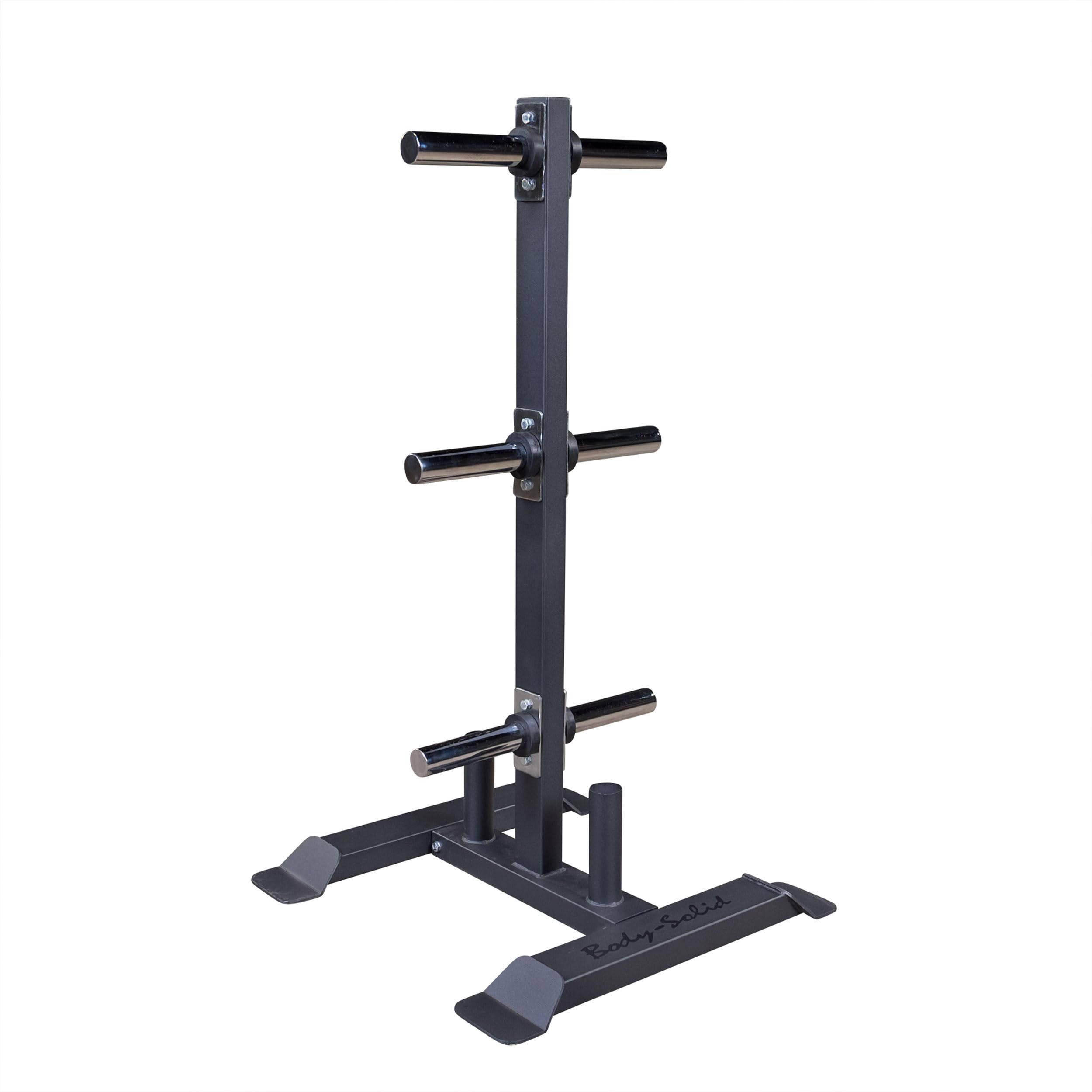 Body-Solid (GWT56) Heavy-Gauge Vertical Weight Tree Rack & Olympic Bar Holder, Commercial Bumper Plate Storage with 6 Chrome Weight Horns, Home Gym Weight Plates & Barbell Stand, 1000 lbs Capacity