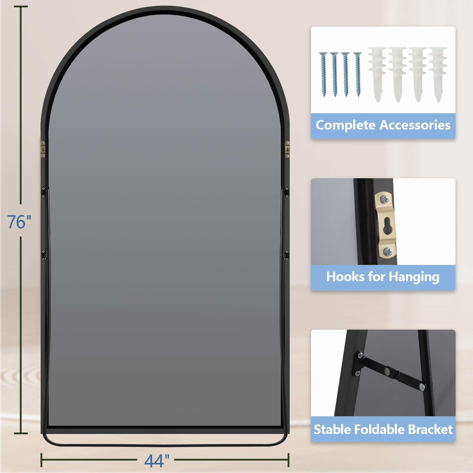 Arched Full Length Mirror, 76"X44" Oversized Black Floor Mirror Full Length, Tempered Glass Large Free Standing Mirror for Bedroom Living Room Clothing Store Gym, Aluminum Alloy Frame