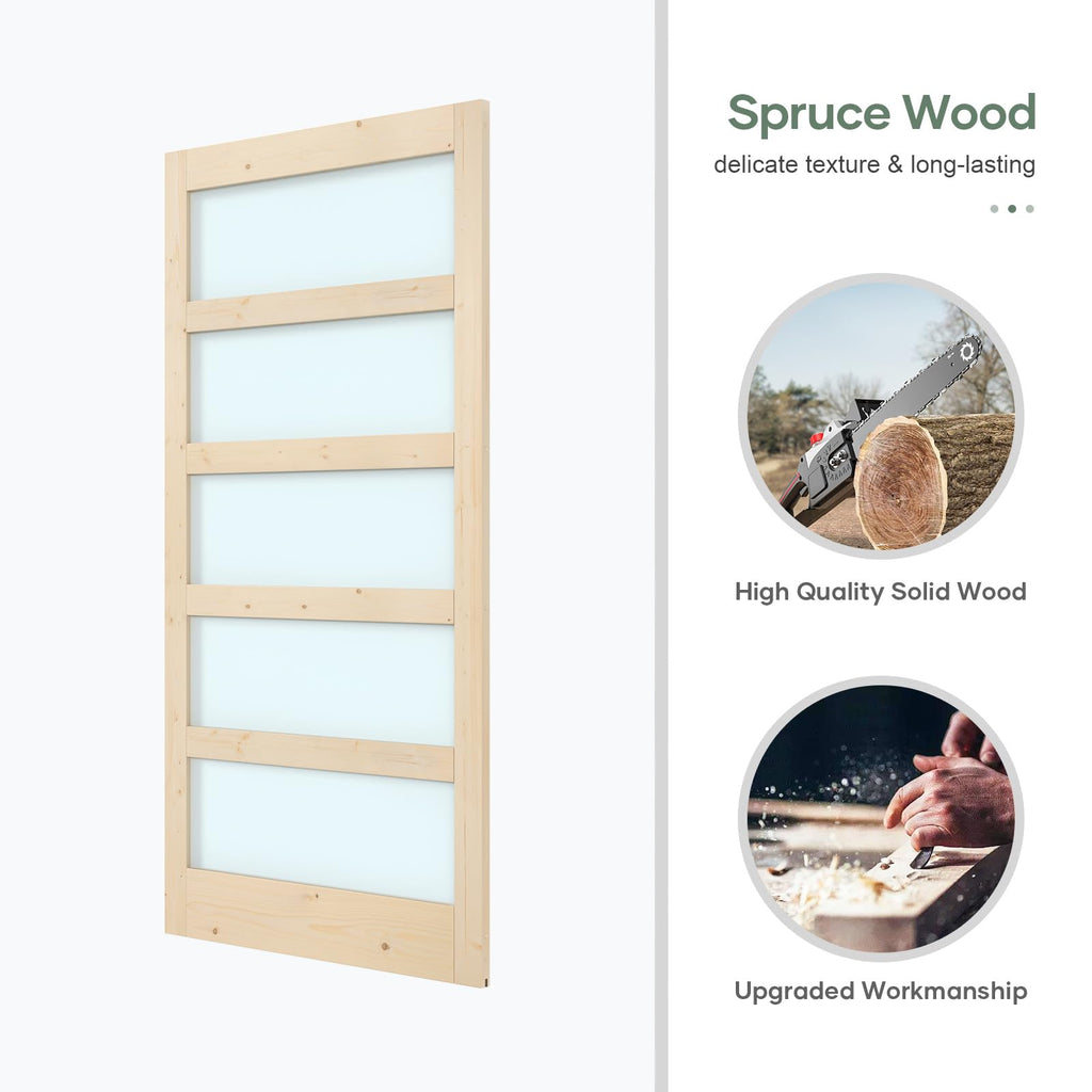 ROYMELO 42x84 inch Glass Sliding Barn Door Slab with 7ft Hardware Kit Included, 5-Panel Frosted Glass, Spruce Wood Support DIY Dyeing, Easy Assembly