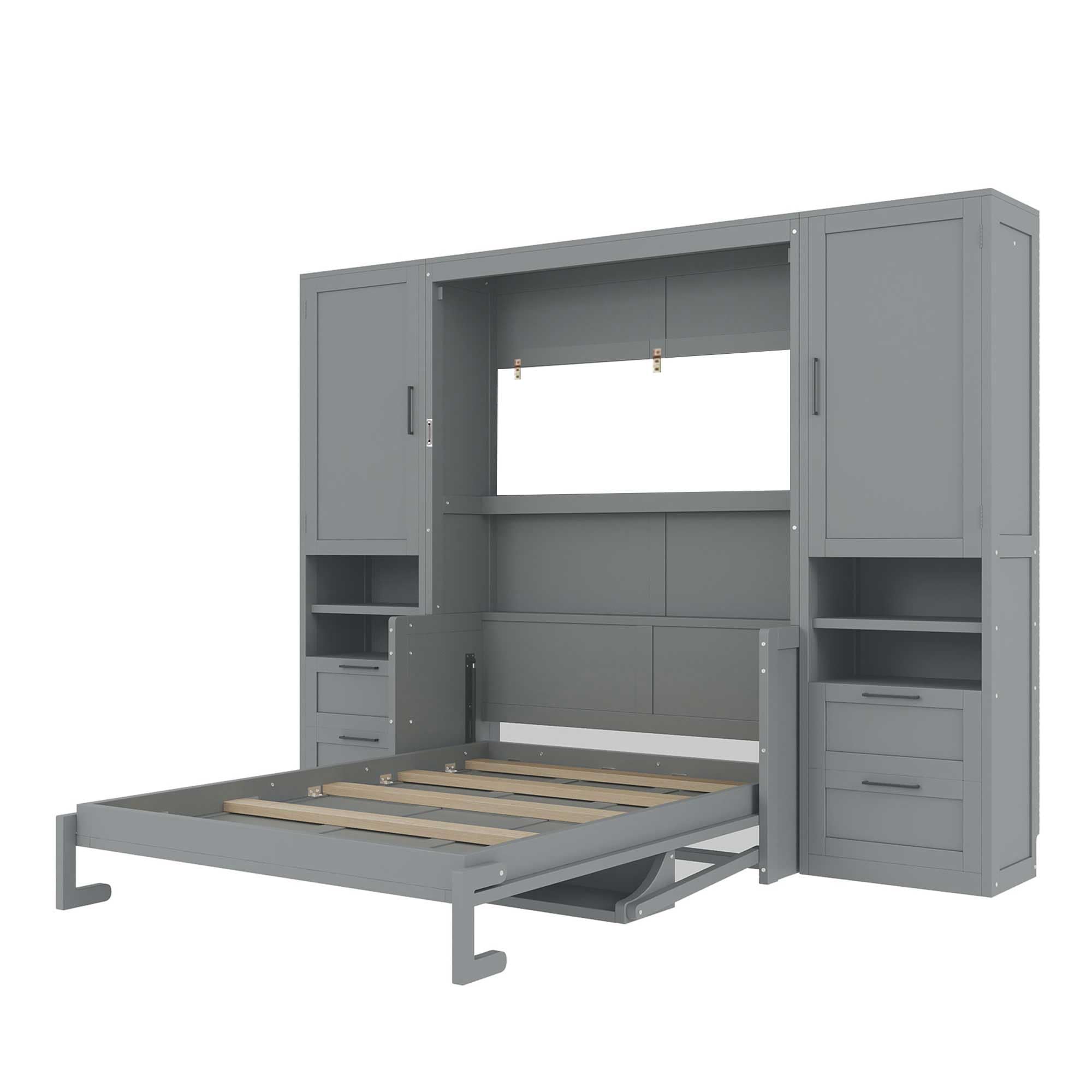 Merax Full Size Murphy Bed with Desk, Closet, Drawers and Shelves, Multifunctional Foldable Wood Platform Bed Frame for Small Spaces Studio Study Office Guest Room, Space-Saving Design, Gray