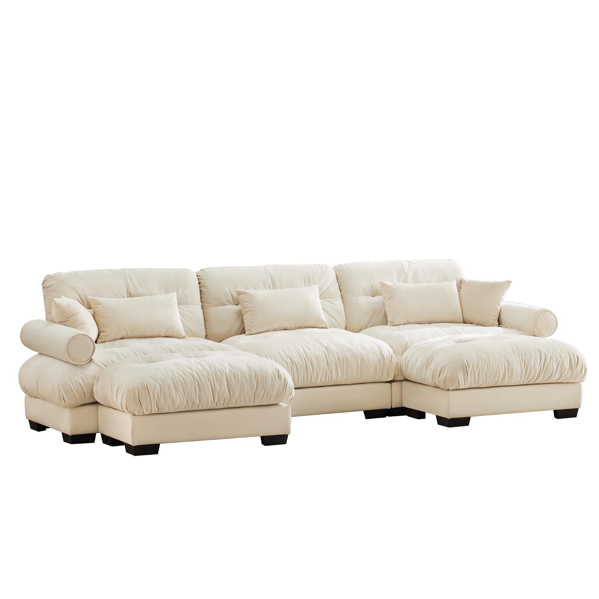 Ball & Cast U Shaped Sectional Sofa,130" 3-Seater Cloud Couch with Waist Pillows,Throw Pillows and Blostered Armrests,Convertible Comfy Chenille Sofa w/Removable Ottomans,for Living Room,Cream